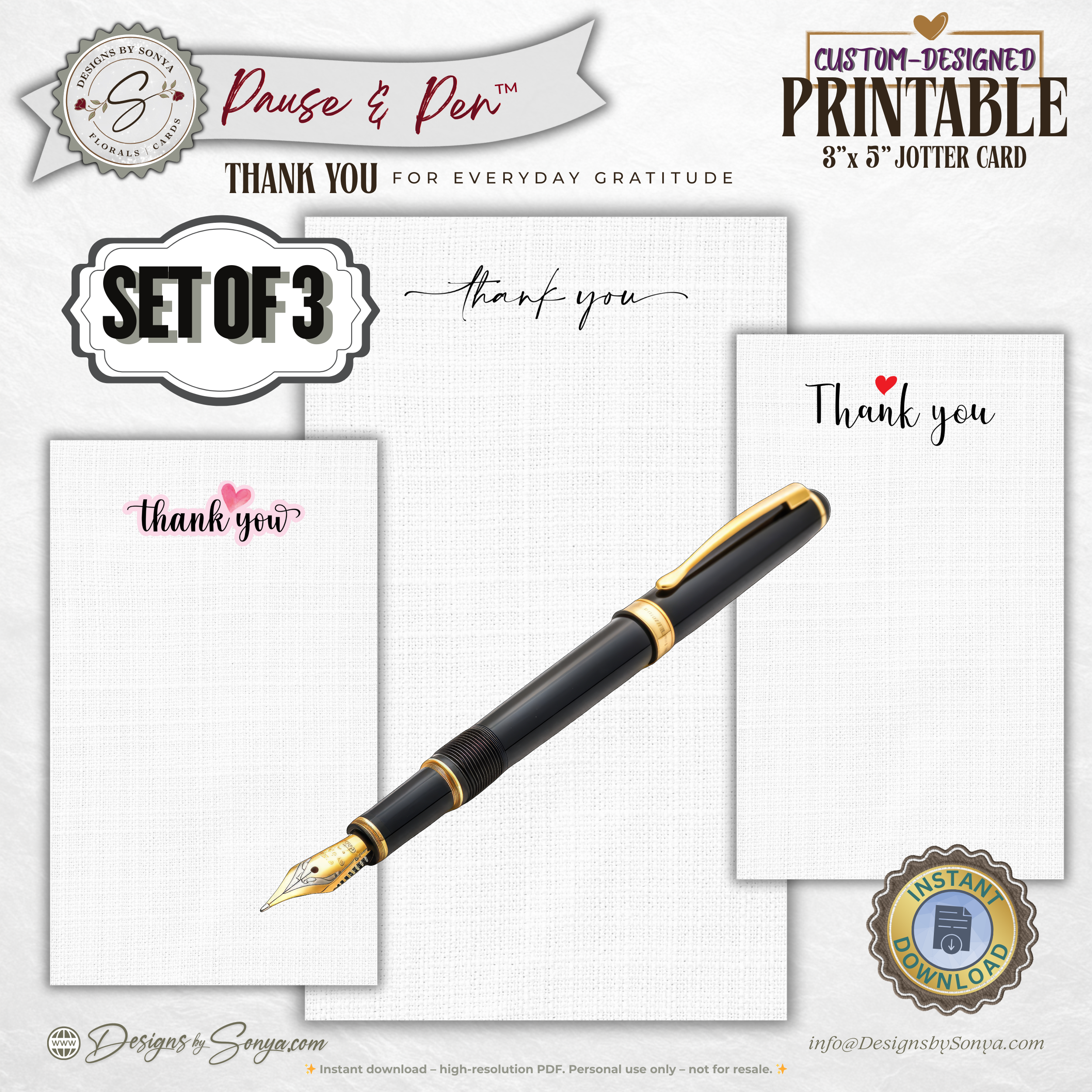 Thank You Jotter Card Printable Set of 3 – 3x5 Minimal Gratitude Note Cards – Pause & Pen™ Thank You Cards for Gifts & Baskets