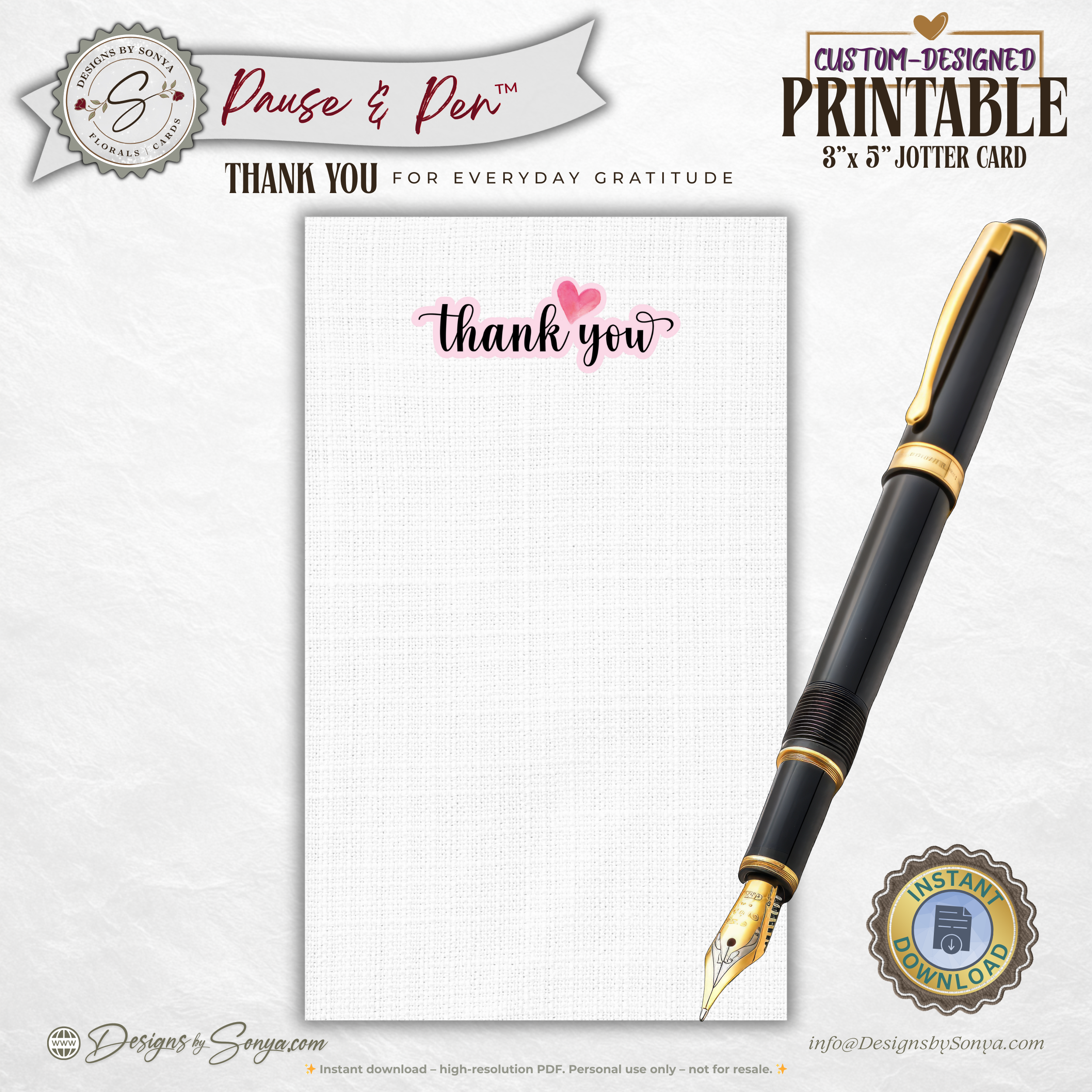 Thank You Jotter Card Printable – 3x5 Gratitude Note with Pink Heart – Pause & Pen™ Minimal Thank You Card for Gifts & Baskets
