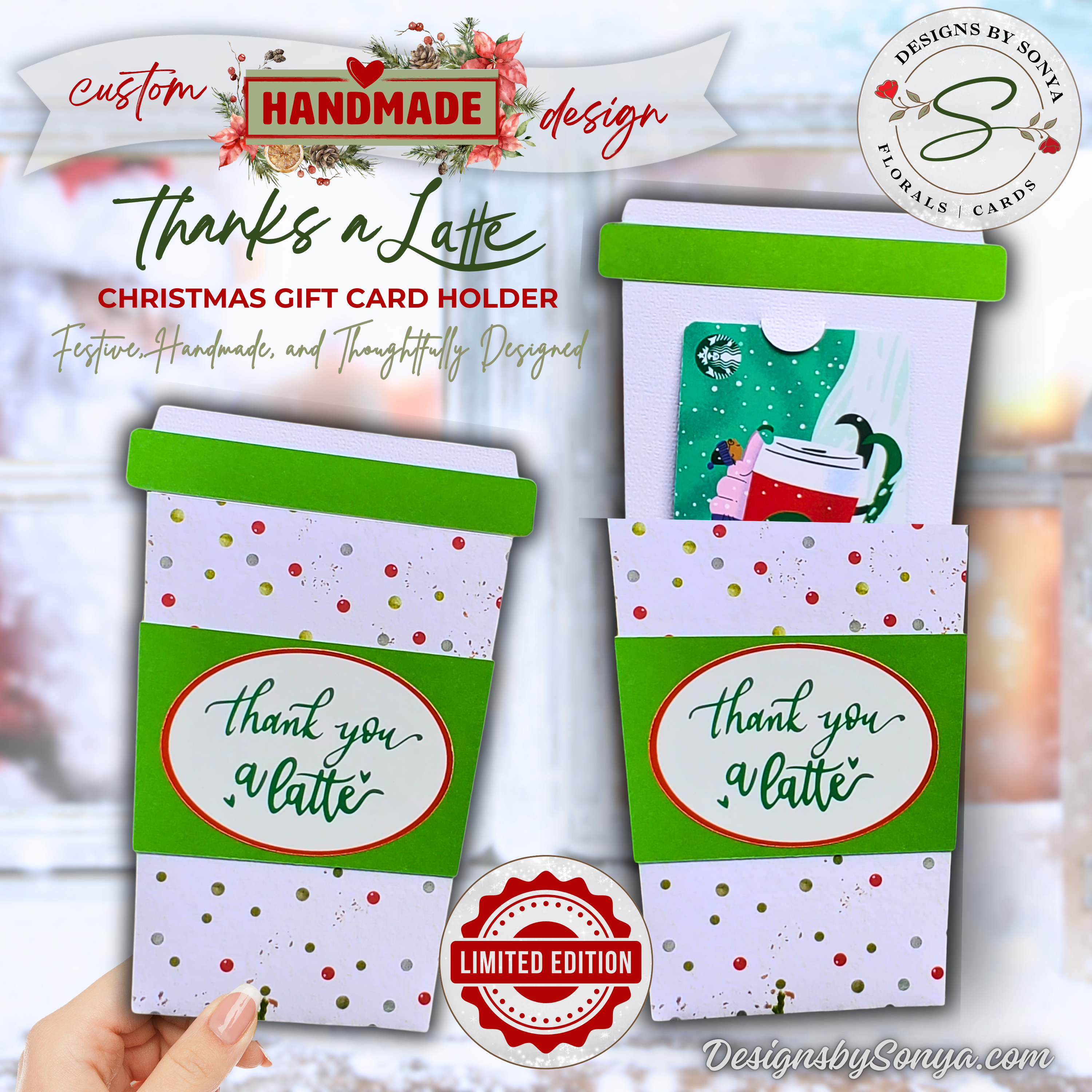 Hero Latte Gift Card Holder
Handmade “Thanks a Latte” Christmas gift card holder in coffee cup design with festive polka dots and limited edition holiday packaging.