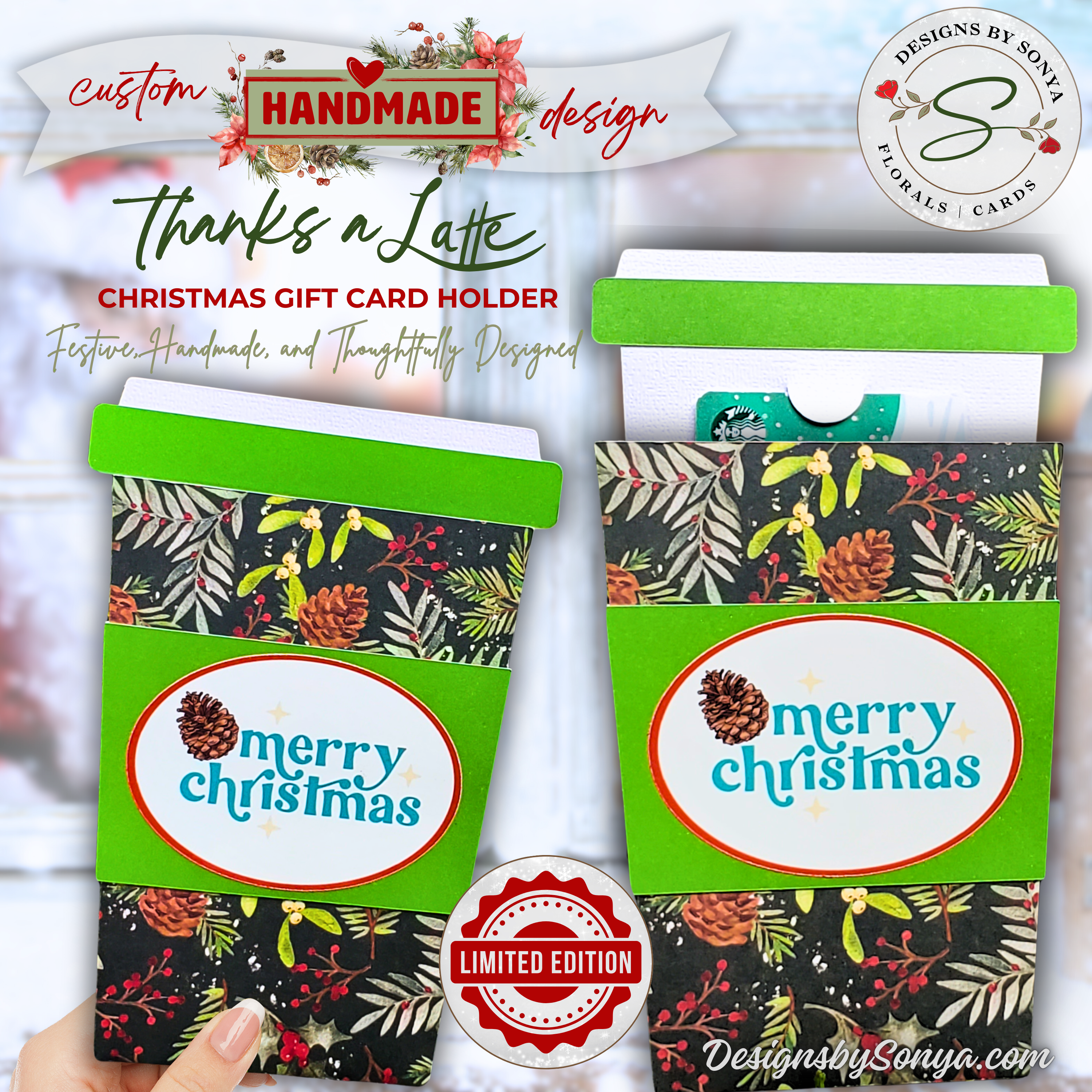 Thanks a Latte Christmas Gift Card Holder – Handmade Limited Edition
Handmade Christmas gift card holder in coffee cup design with festive greenery, pinecones, and a Merry Christmas label. Limited edition holiday keepsake.