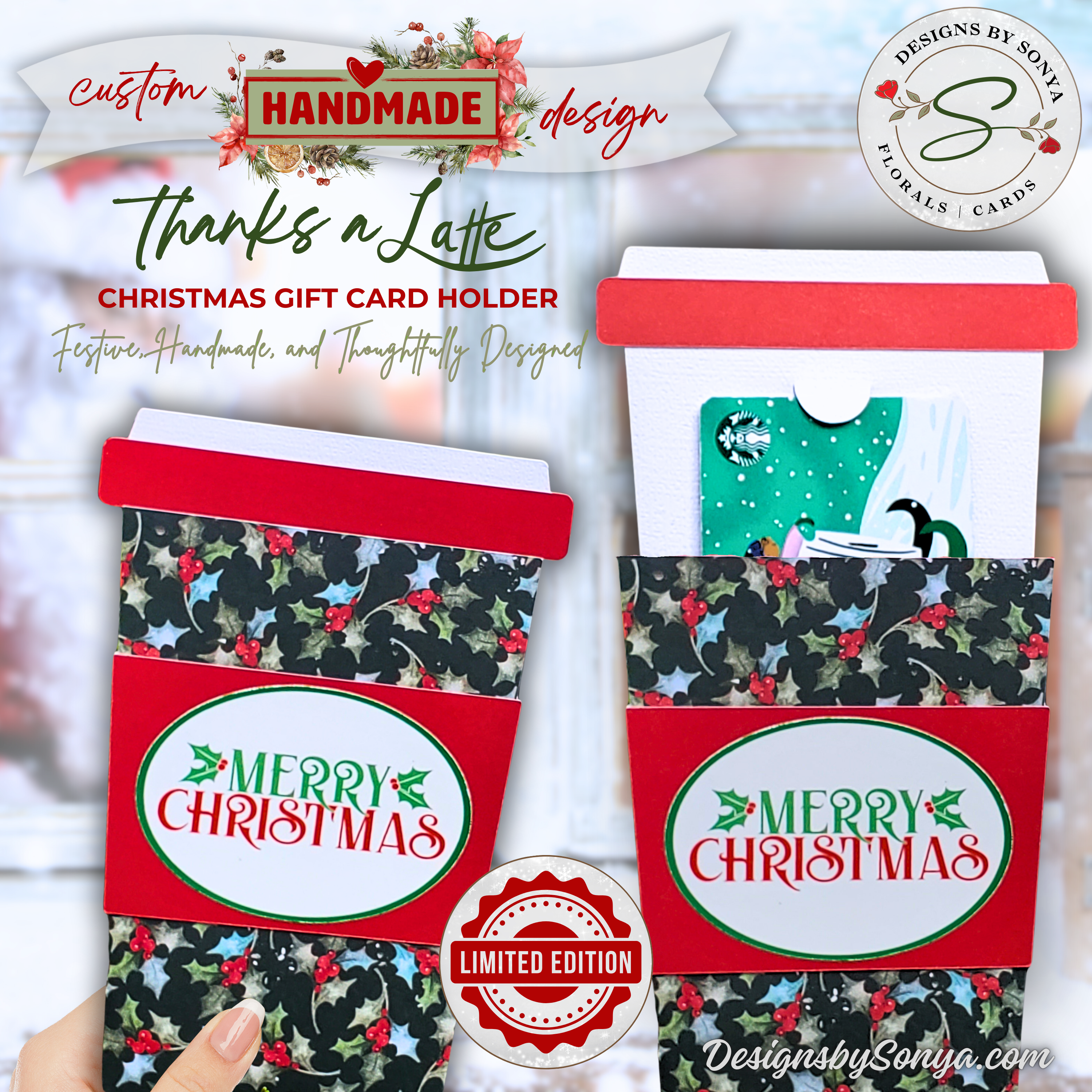 Thanks a Latte Christmas Gift Card Holder
Handmade Christmas gift card holder shaped like a coffee cup, with holly-patterned paper and red “Merry Christmas” label. Pull-out insert design shown with and without a gift card.