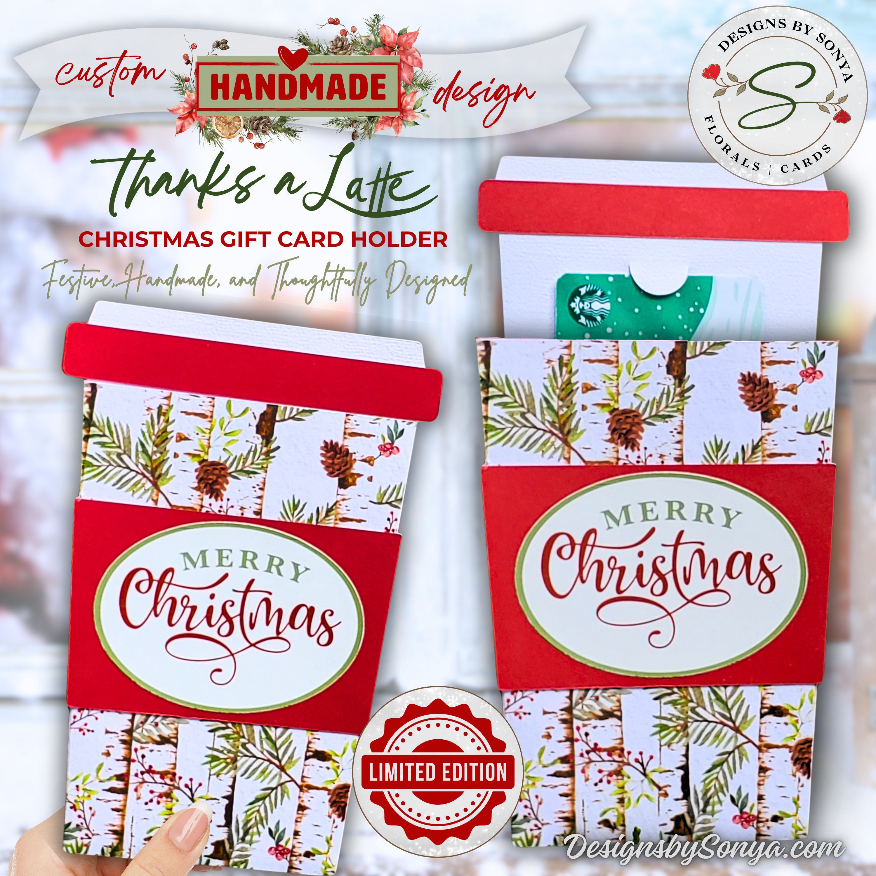 Thanks a Latte Christmas Gift Card Holder
Handmade Christmas gift card holder in coffee cup shape with birch and pine design, red accent, and “Merry Christmas” tag.