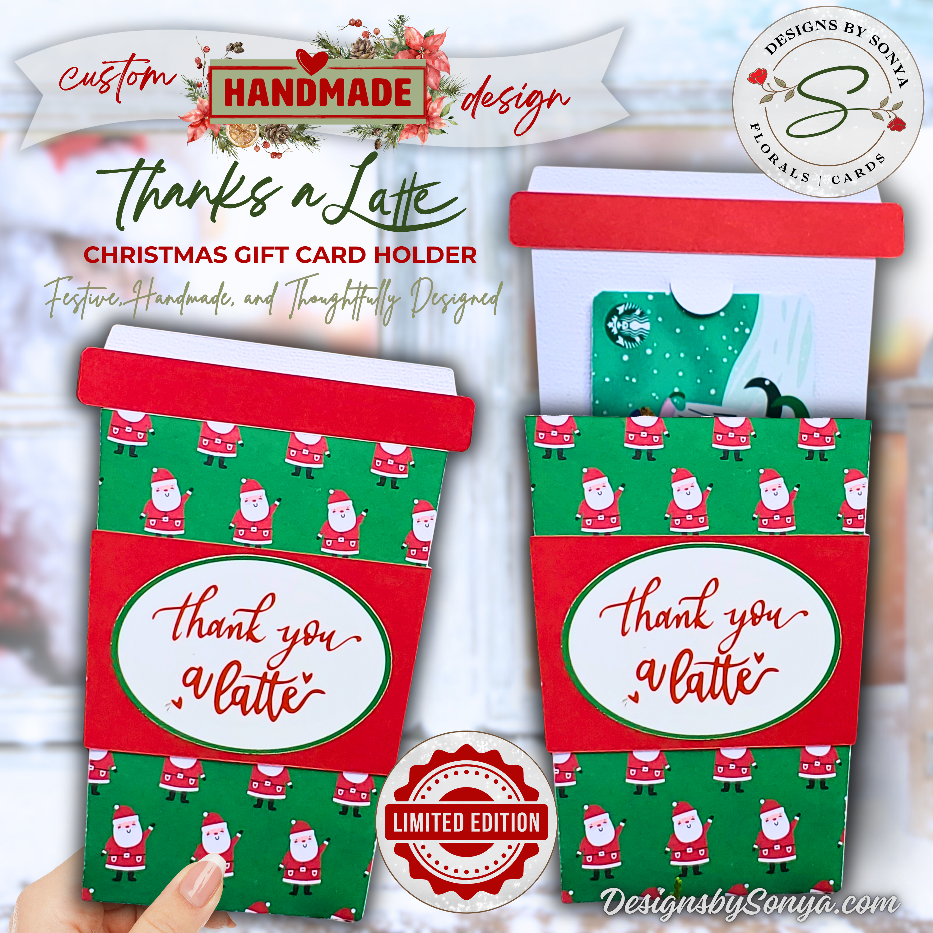 Thanks a Latte Christmas Gift Card Holder – Handmade Limited Edition
Festive handmade coffee cup–shaped Christmas gift card holder with “Thank You a Latte” sentiment and Santa print design.