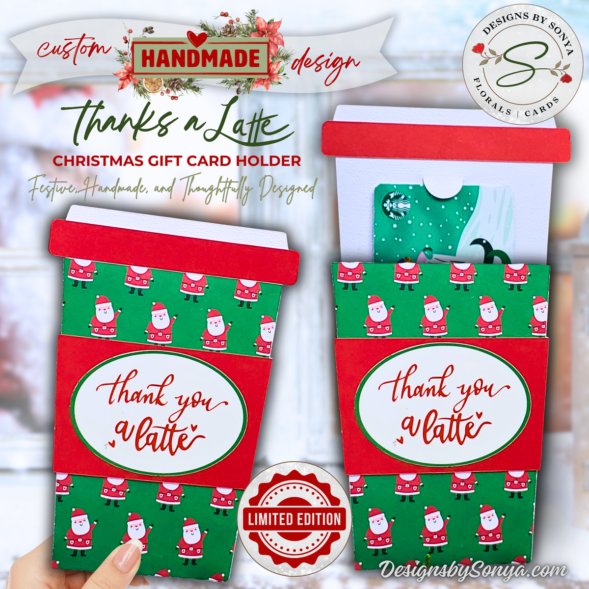 Handmade Christmas Gift Card Holder | Coffee Cup Gift Card Holder for Teachers, Coworkers & Coffee Lovers | Thank You a Latte Santa Design
