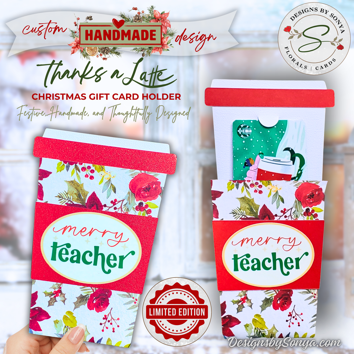Handmade Christmas Gift Card Holder | Merry Teacher Coffee Cup Gift Card Holder | Teacher Appreciation Gift with Red Holiday Florals