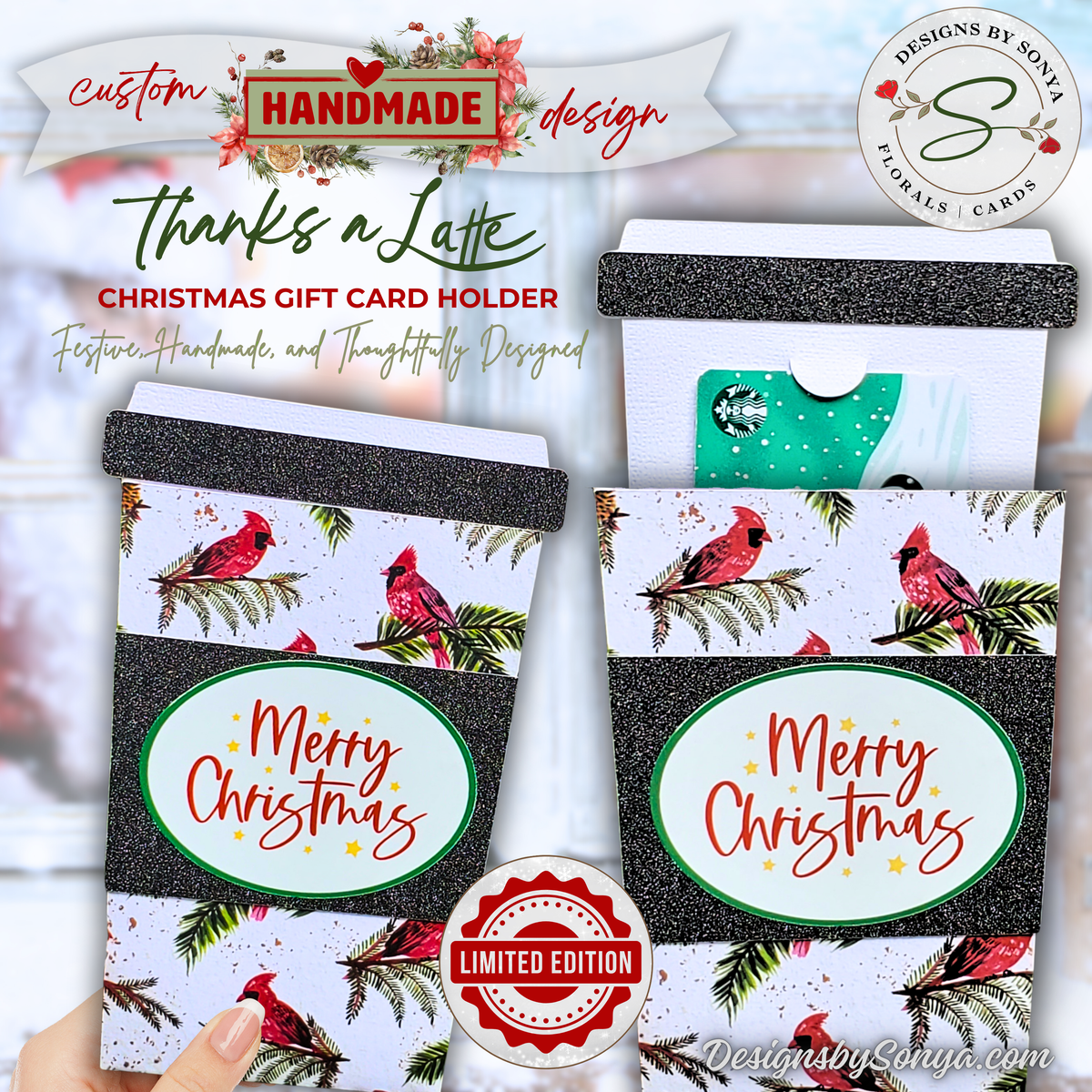 Handmade Christmas Gift Card Holder | Coffee Cup Gift Card Holder for Teachers, Coworkers & Coffee Lovers | Red Cardinal Merry Christmas Design