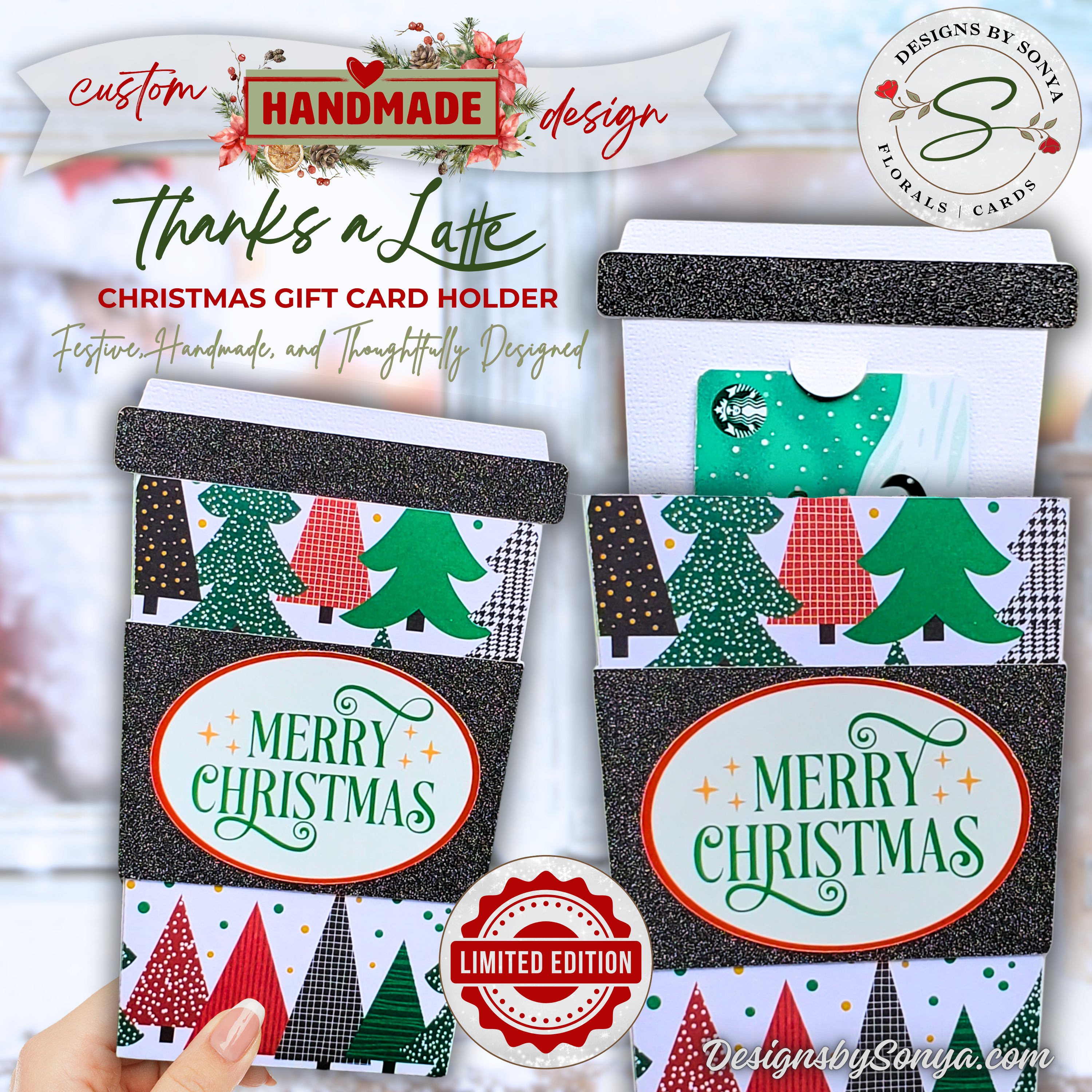 Thanks a Latte Christmas Gift Card Holder Limited Edition
Handmade coffee cup-shaped Christmas gift card holder with festive tree patterns, glitter trim, and “Merry Christmas” design.
