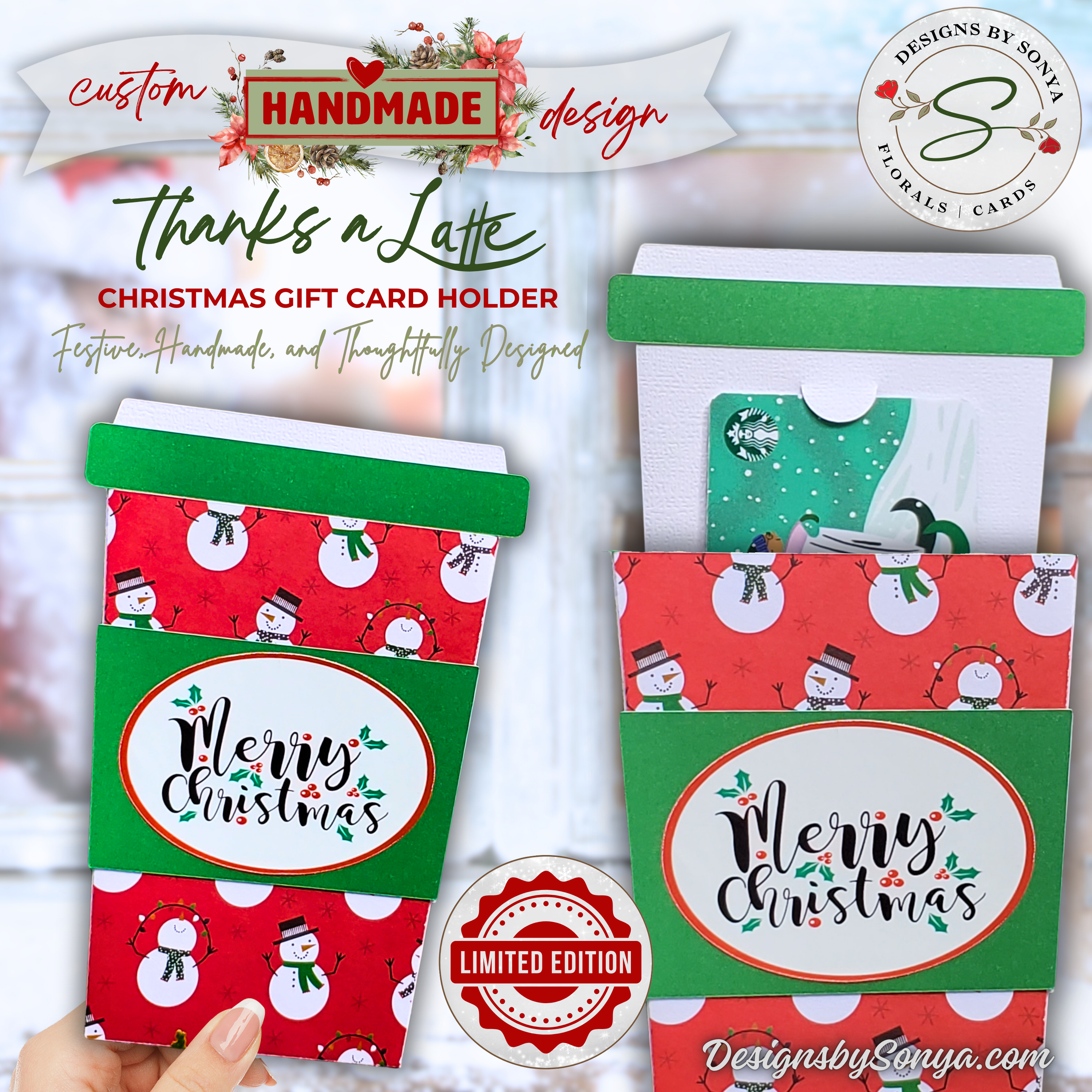 Handmade Christmas Gift Card Holder Front View
Festive handmade Christmas gift card holder shaped like a coffee cup with red snowman print and green sleeve reading “Merry Christmas.”