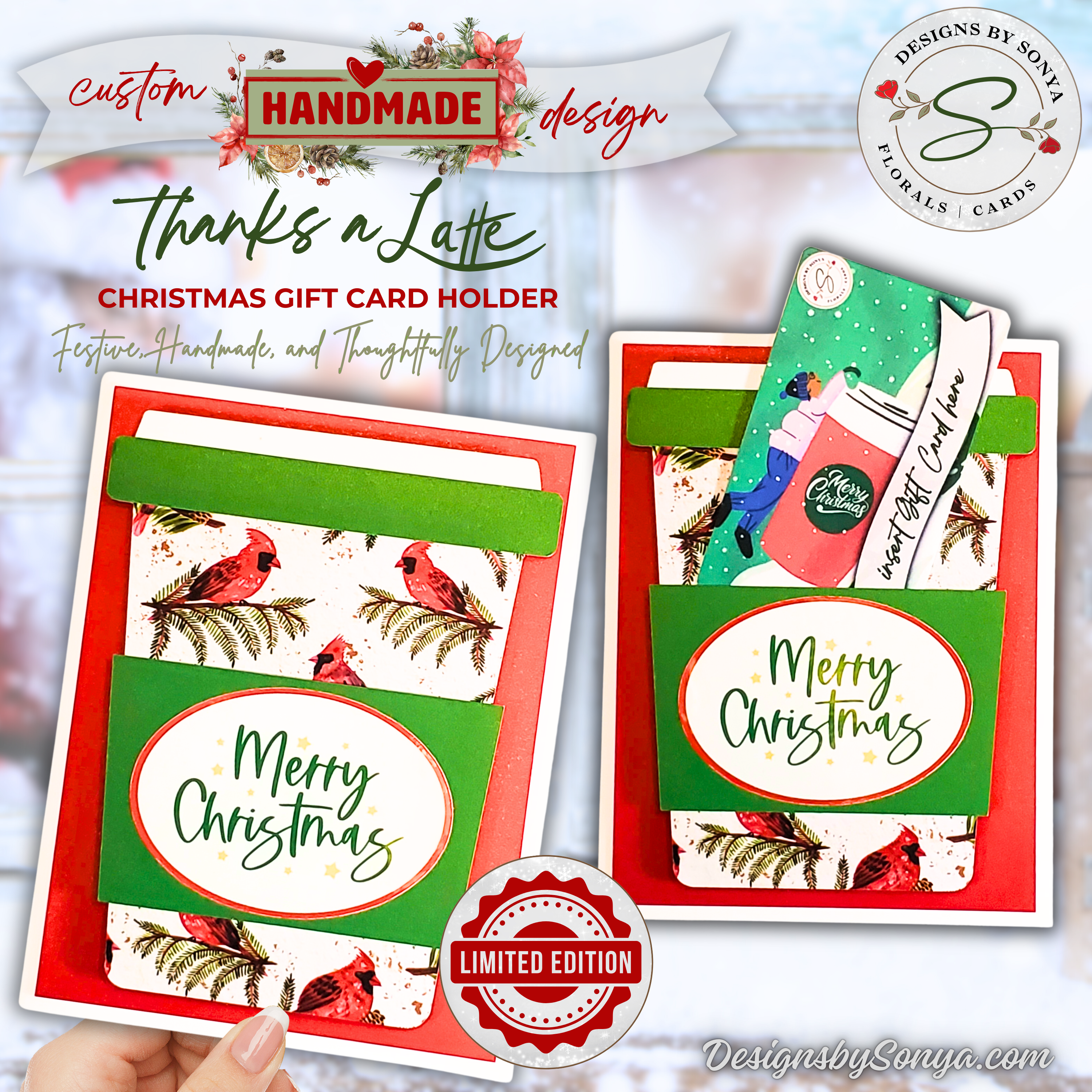 Thanks a Latte Gift Card Holder Front View
Handmade Christmas gift card holder shaped like a festive coffee cup with cardinal print and “Merry Christmas” greeting.