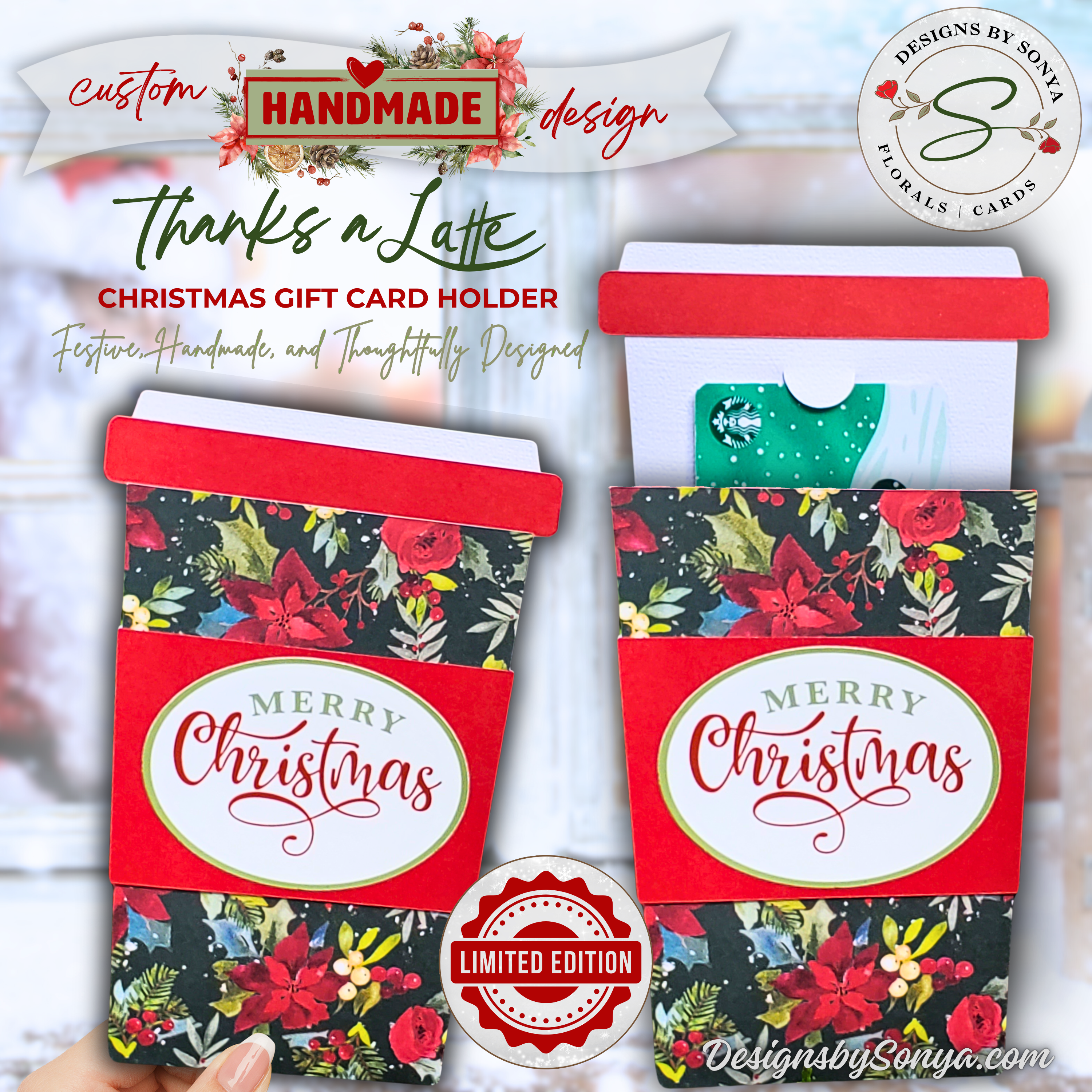 Handmade Merry Christmas Gift Card Holder
Handmade Christmas gift card holder in coffee cup design with black floral poinsettia print, “Merry Christmas” label, and pull-out insert.