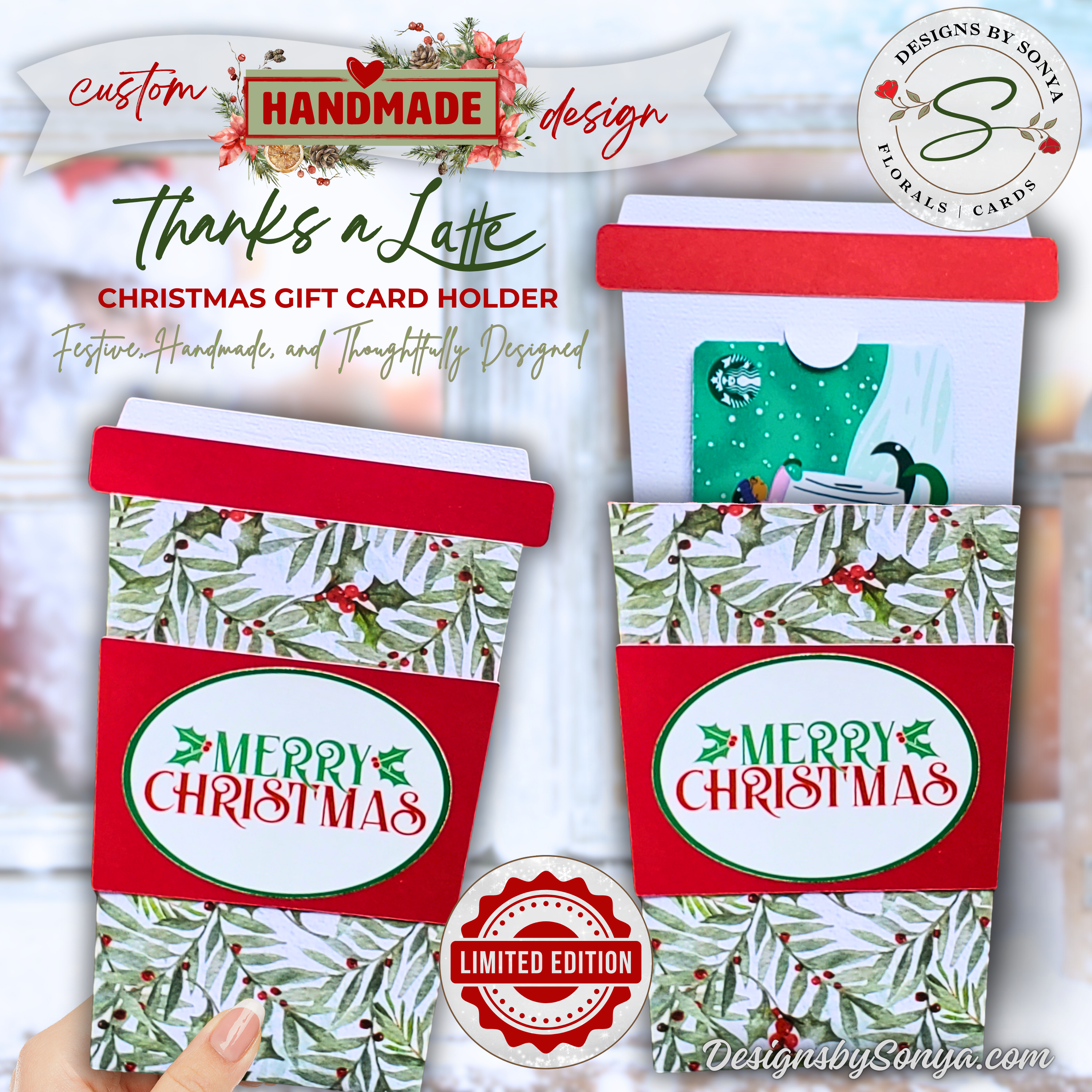 Handmade Christmas Gift Card Holder Front and Insert
Handmade Christmas coffee cup gift card holder with festive holly design, red accents, and pull-out insert, perfect for holiday gifting.