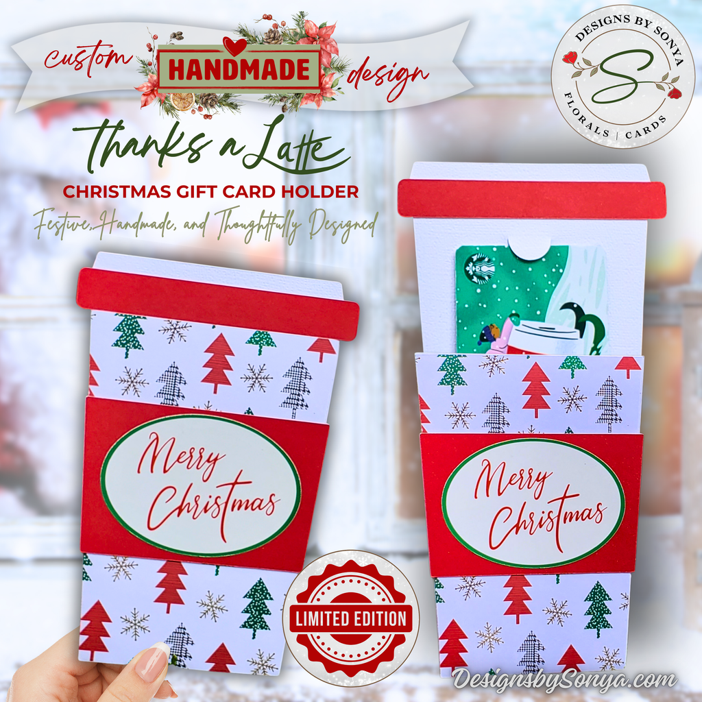 Handmade Christmas Gift Card Holder | Coffee Cup Gift Card Holder for Teachers, Coworkers & Coffee Lovers | Red & Green Christmas Trees