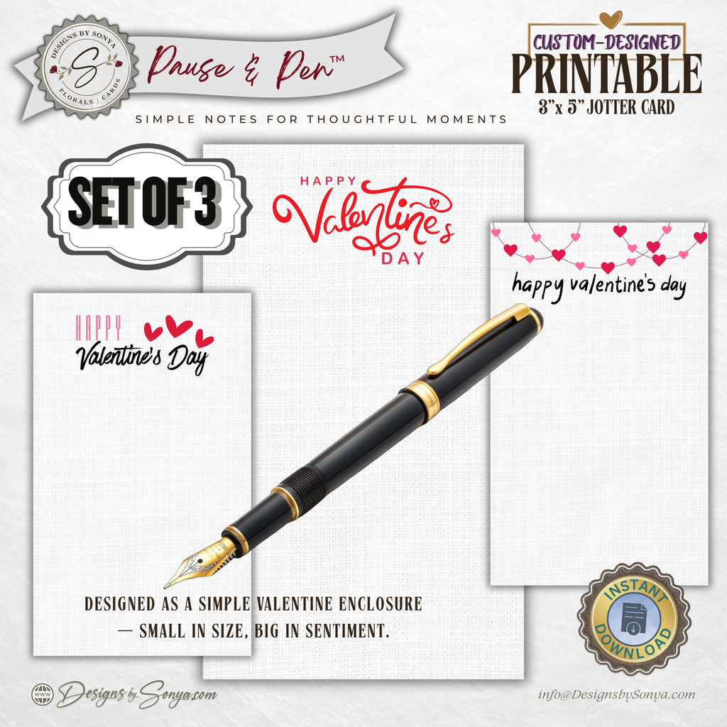 Set of 3 Valentine Thank You Card Printable – Happy Valentine’s Day 3 x 5 Jotter Card for Gift Enclosures, Small Gifts, and Thoughtful Notes