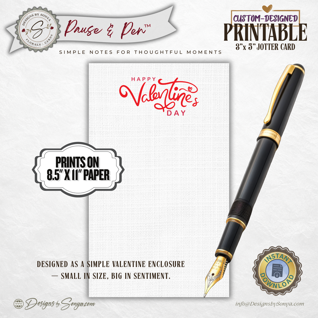 Valentine Thank You Card Printable – 3 x 5 Jotter Card for Gift Enclosures, Small Valentine Gifts, and Thoughtful Appreciation Notes