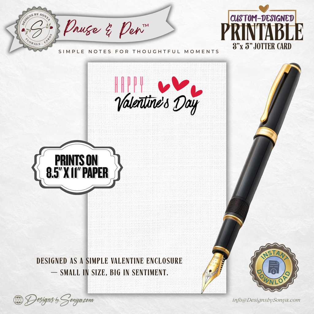 Valentine Thank You Card Printable – Happy Valentine’s Day 3 x 5 Jotter Card for Gift Enclosures, Small Gifts, and Thoughtful Notes