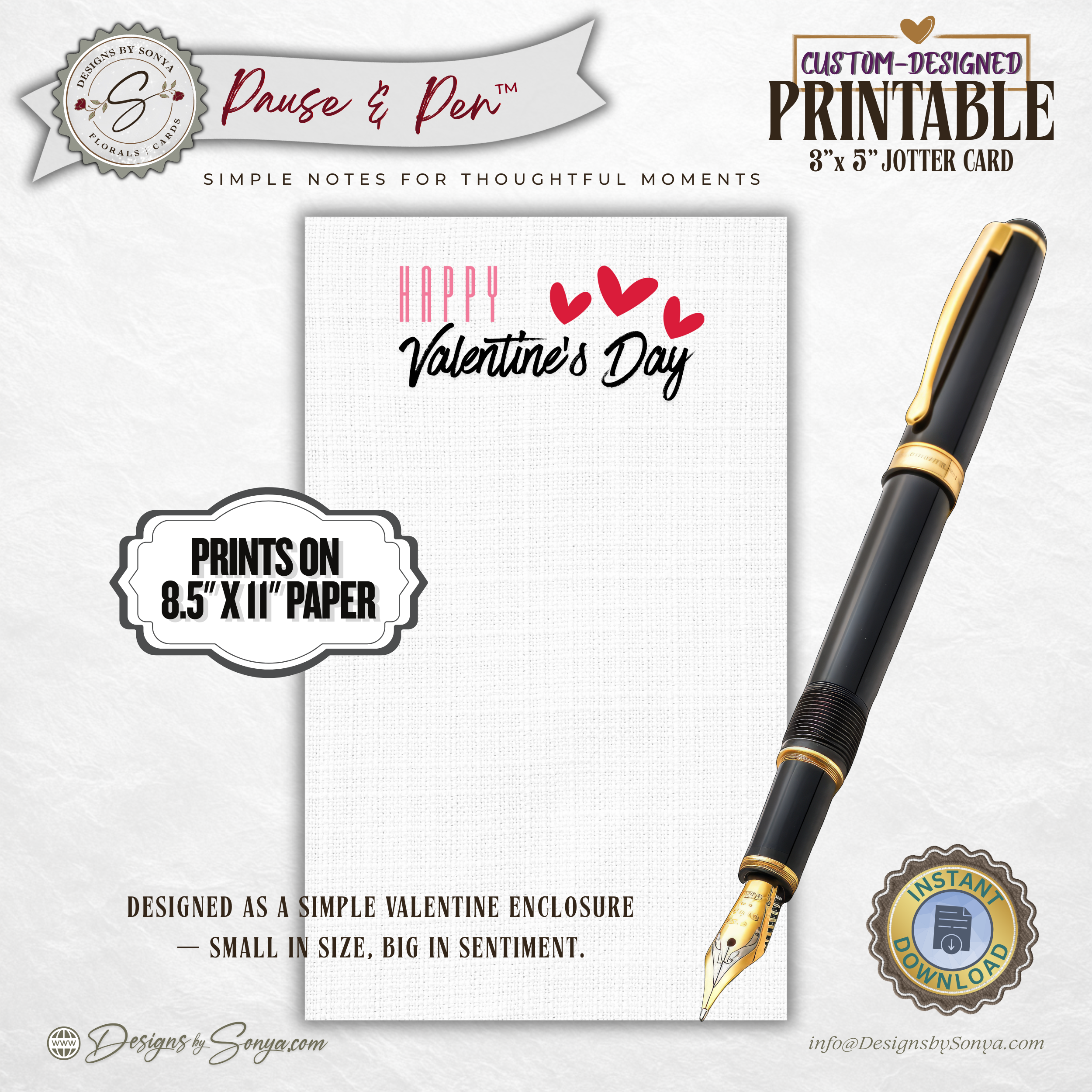 Valentine Thank You Card Printable – Happy Valentine’s Day 3 x 5 Jotter Card for Gift Enclosures, Small Gifts, and Thoughtful Notes