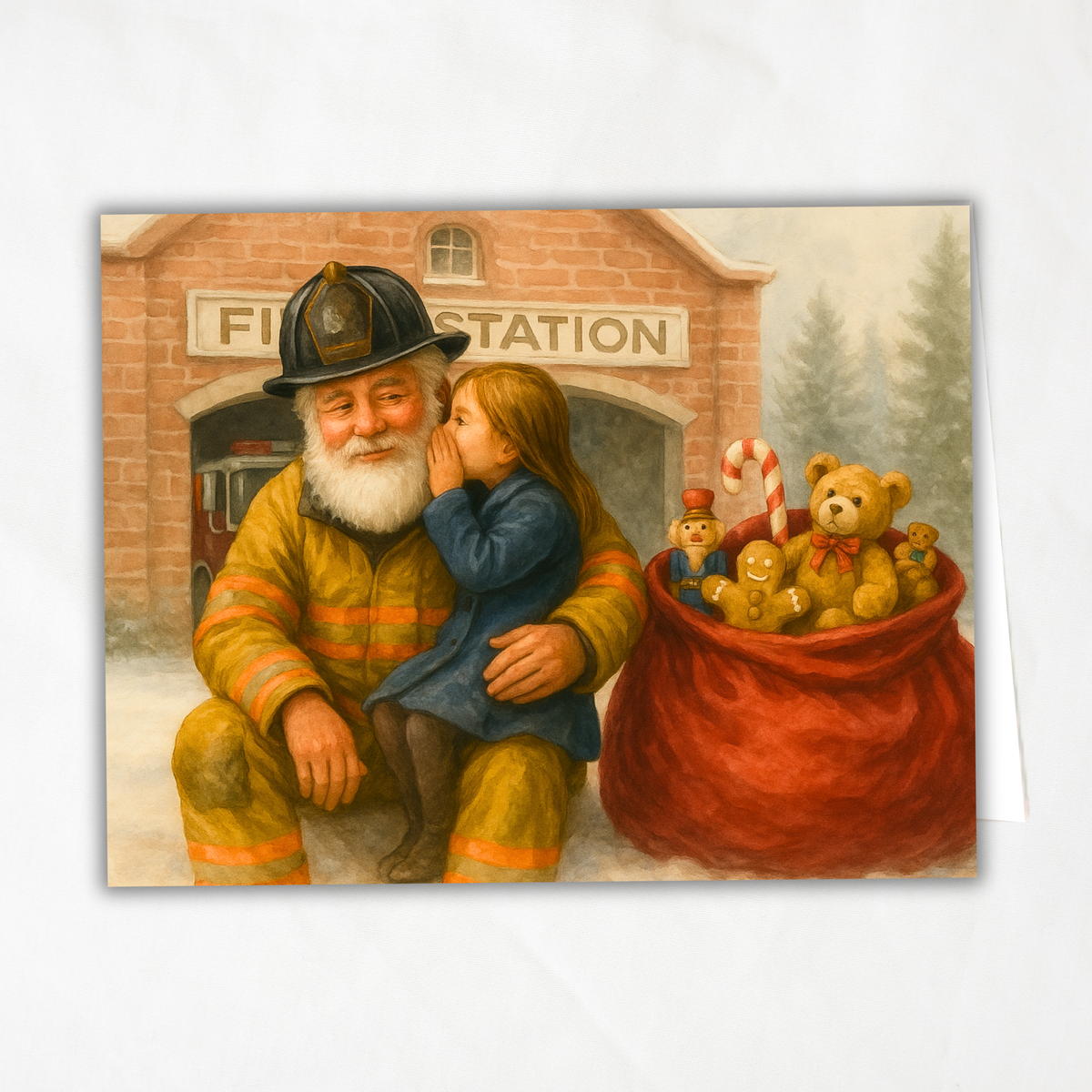 Fireman Santa Printable Christmas Card • A2 (5.5”x4.25”) • Whispering Child, Fire Station Scene, Watercolor First Responder Holiday Art