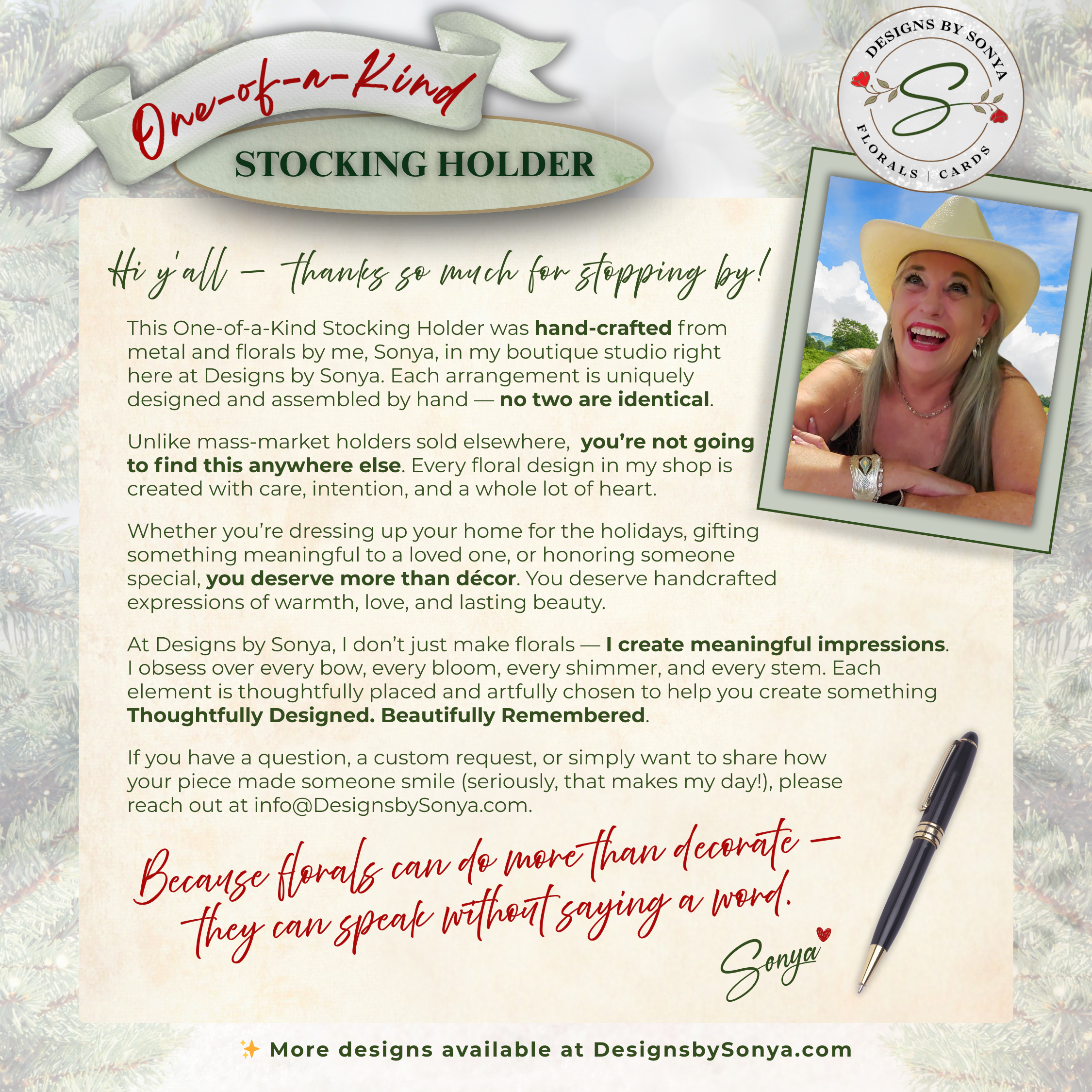About / Thank You Branding
Branded Designs by Sonya thank-you card highlighting the handmade pinecone Christmas stocking holder. Emphasizes small-batch craftsmanship, holiday elegance, and unique mantel décor.