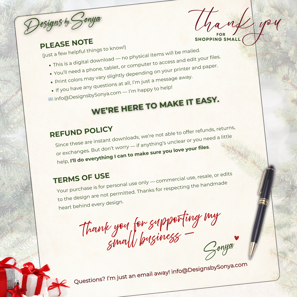 Refund Policy & Terms
Printable Christmas gift tags information sheet. Includes instant download details, refund policy, and terms of use. Professional holiday shop support info.