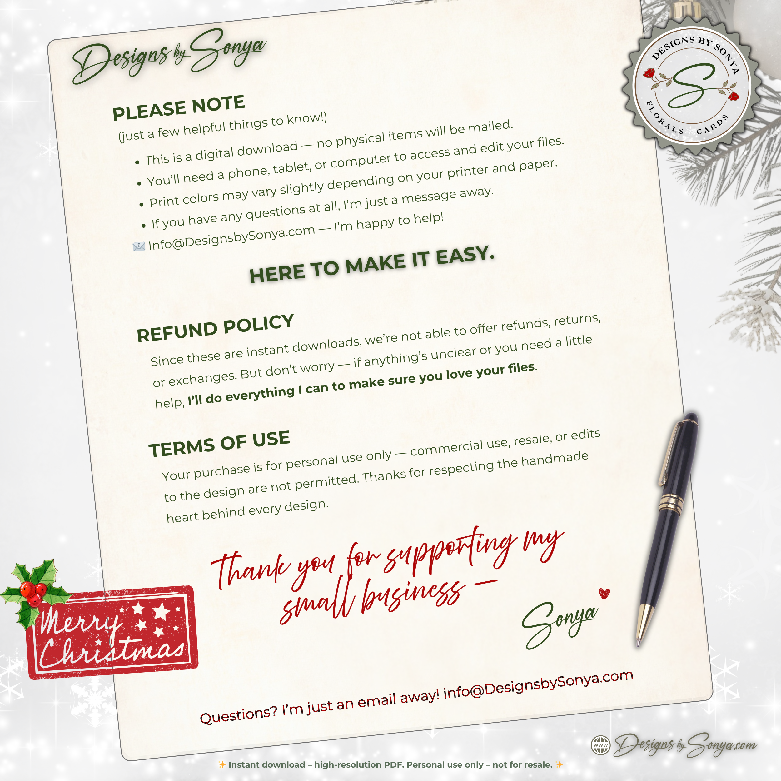 Printable Christmas Card • “Just for You” Watercolor Holly, Pine & Berries • A2 Folded (5.5" x 4.25") Holiday DIY Greeting Note Card