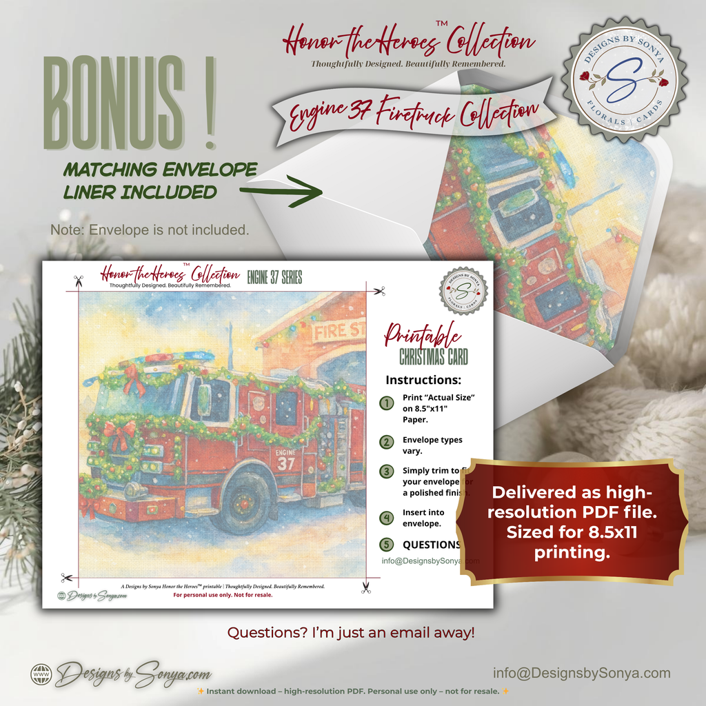 Engine 37 Firetruck Printable Christmas Note Cards | Set of 6 A2 - 5.5"x4.25"| Honor the Firefighter and First Responder Heroes