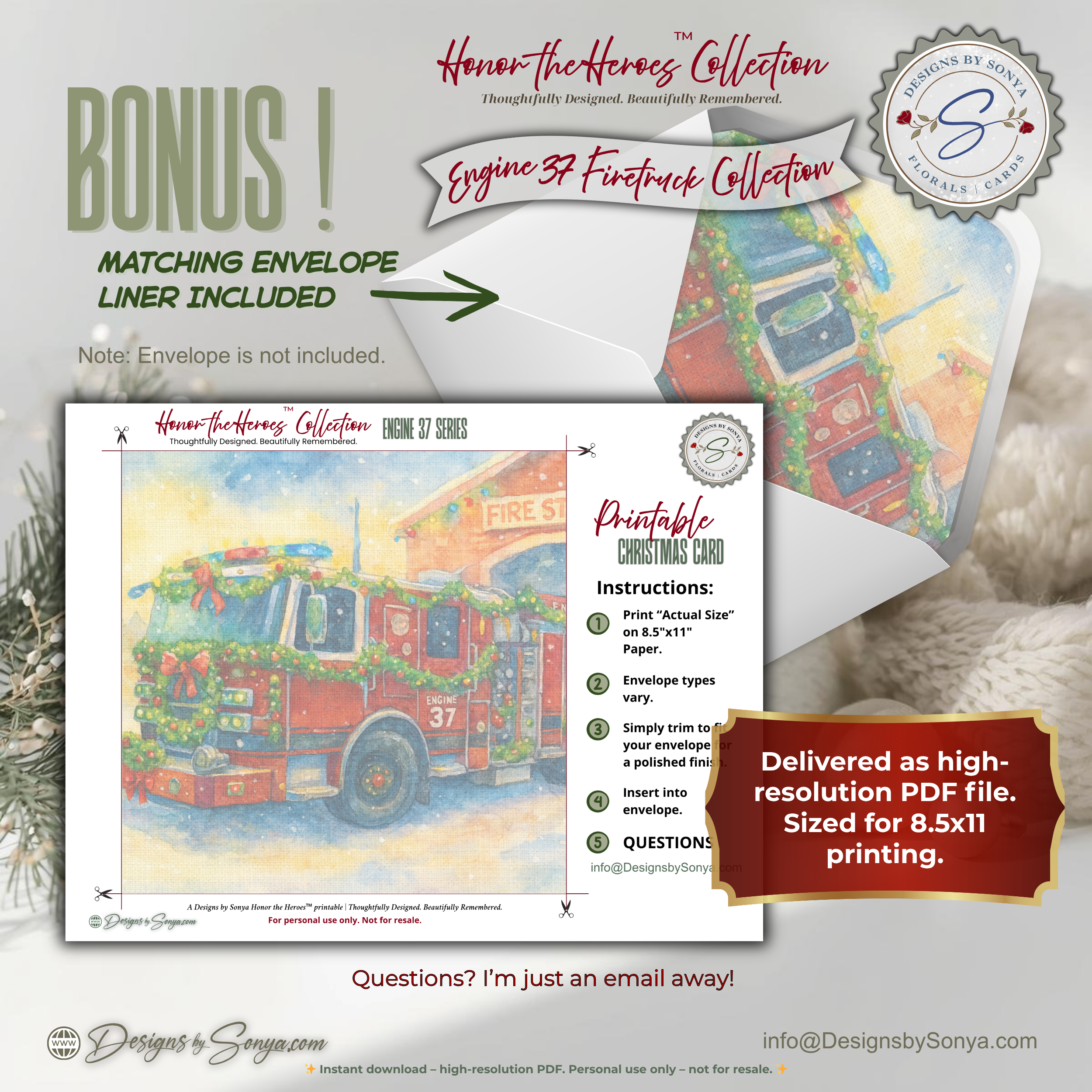 Engine 37 Firetruck Printable Christmas Note Cards | Set of 6 A2 - 5.5"x4.25"| Honor the Firefighter and First Responder Heroes