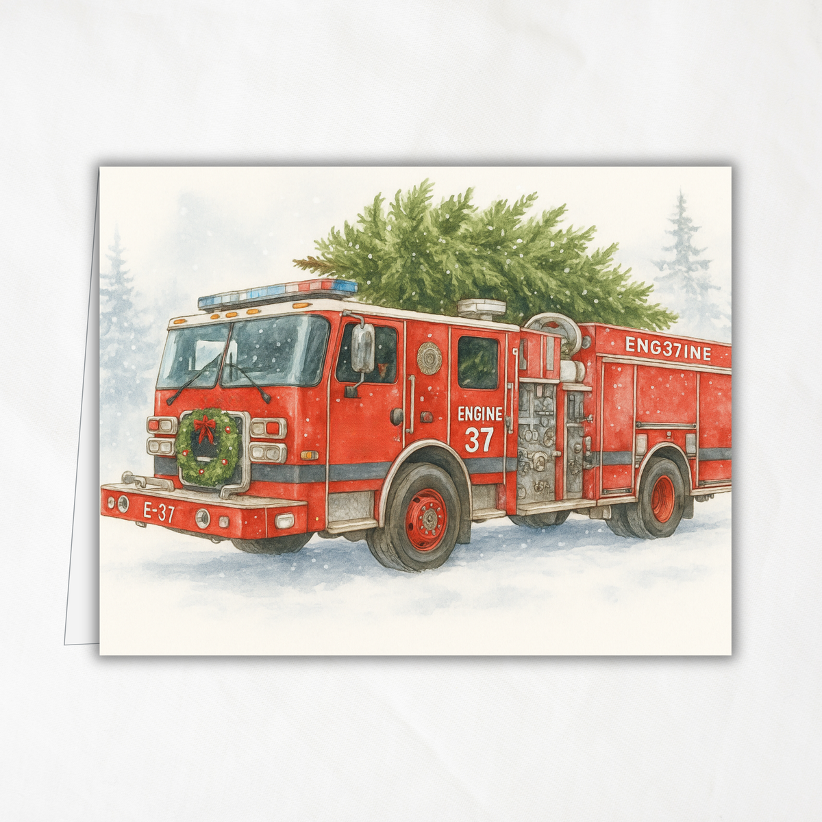 Engine 37 Firetruck Christmas Card Printable | Watercolor Holiday Tree Delivery | A2 (5.5"x4.25") Greeting Card | Firefighter Hero, First Responder Gift