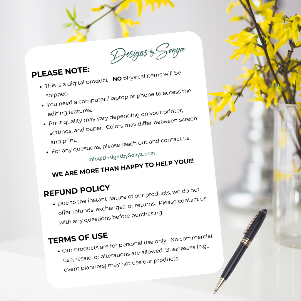 Product Notes
Important notes on digital product use, refund policy, and personal-use terms for the firefighter card template.