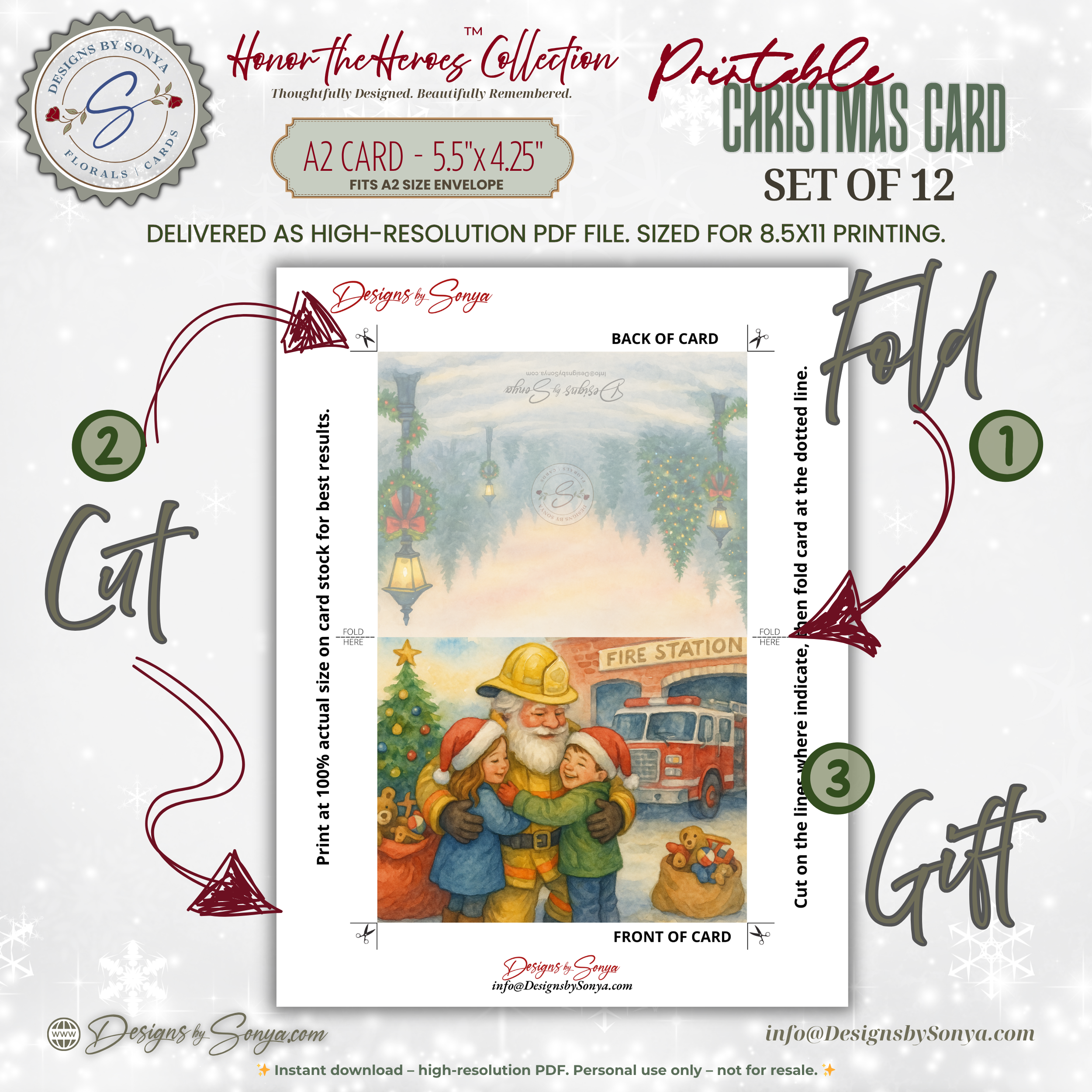 Printable Firefighter Santa Christmas Card Set of 12, A2 Cards (5.5”x4.25”), First Responder Holiday Greetings, Fire Station Watercolor Art