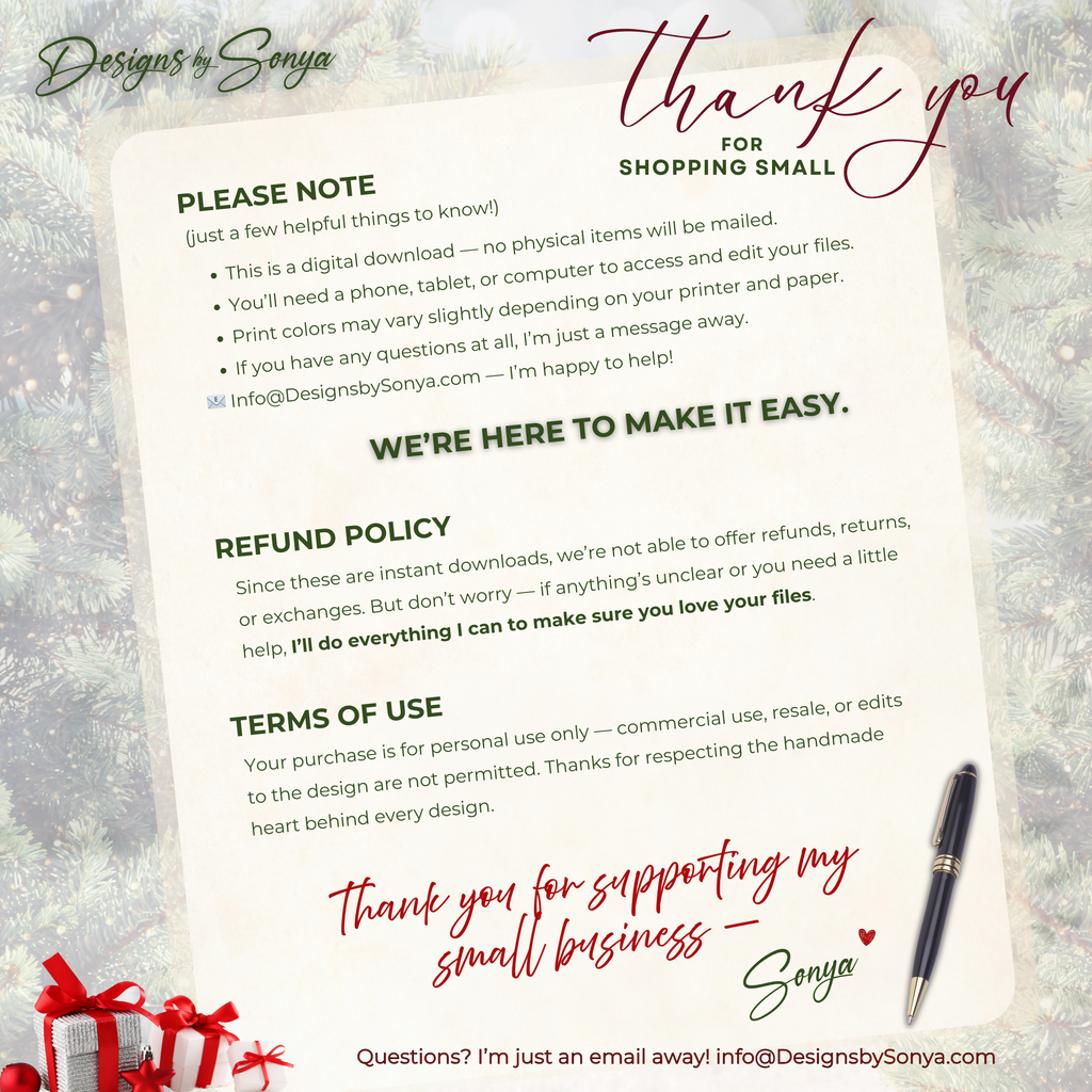 Product Information and Policies
Holiday simmering potpourri printable tag listing details, refund policy, and terms of use. Surrounded by festive Christmas accents, perfect for Etsy and Shopify gift tag product pages.