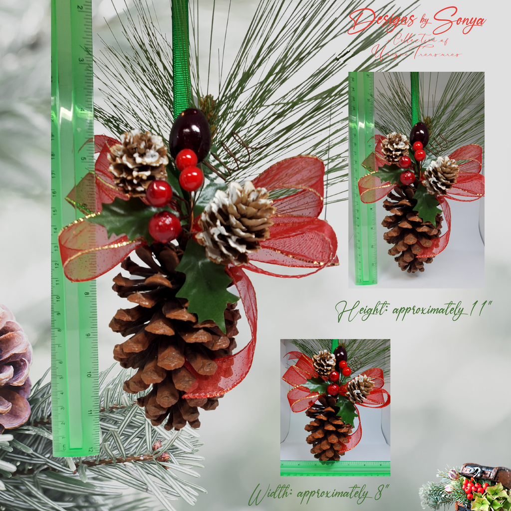 Ornament with Size Measurements
Holiday pinecone ornament shown with ruler for scale, measuring approximately 11 inches tall and 8 inches wide, handcrafted for Christmas tree décor.