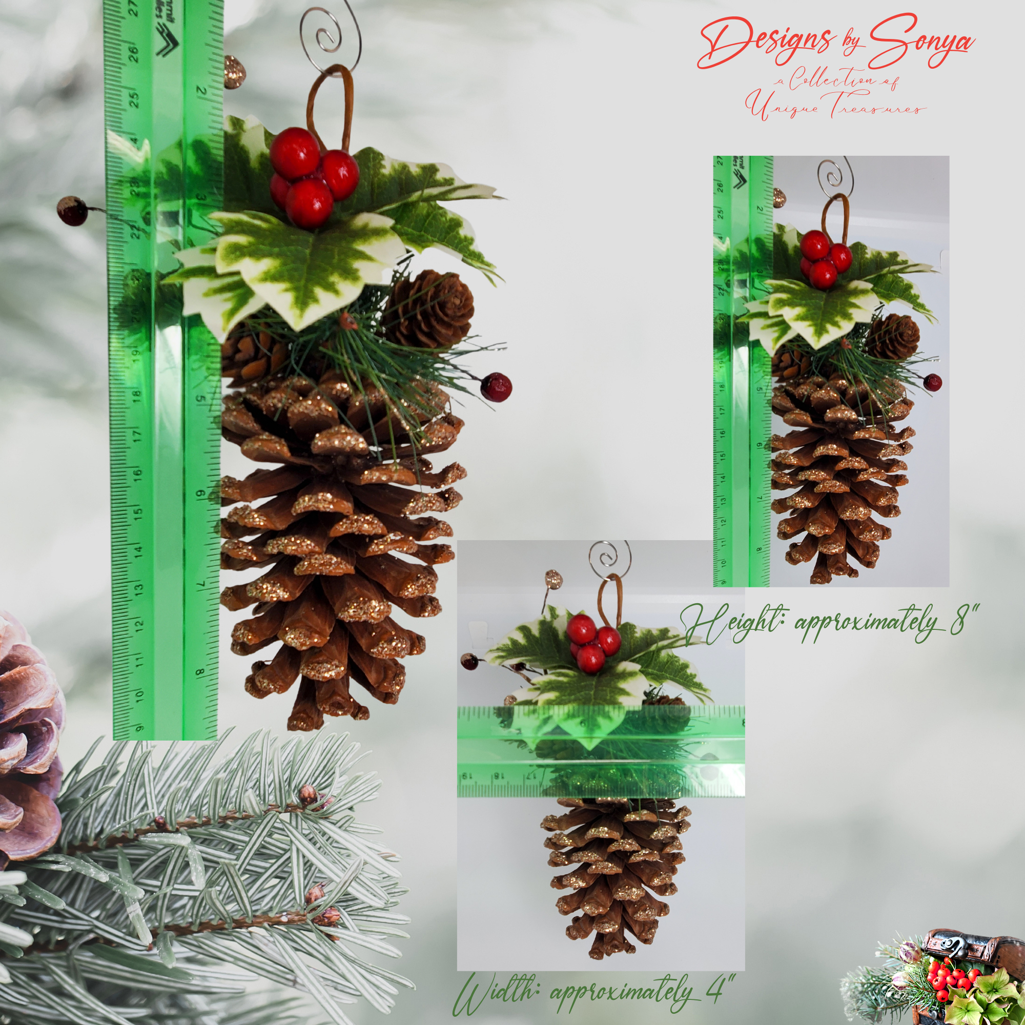 Ornament Size Reference with Ruler
Handmade pinecone ornament shown with ruler measurement, approximately 8 inches tall and 4 inches wide.