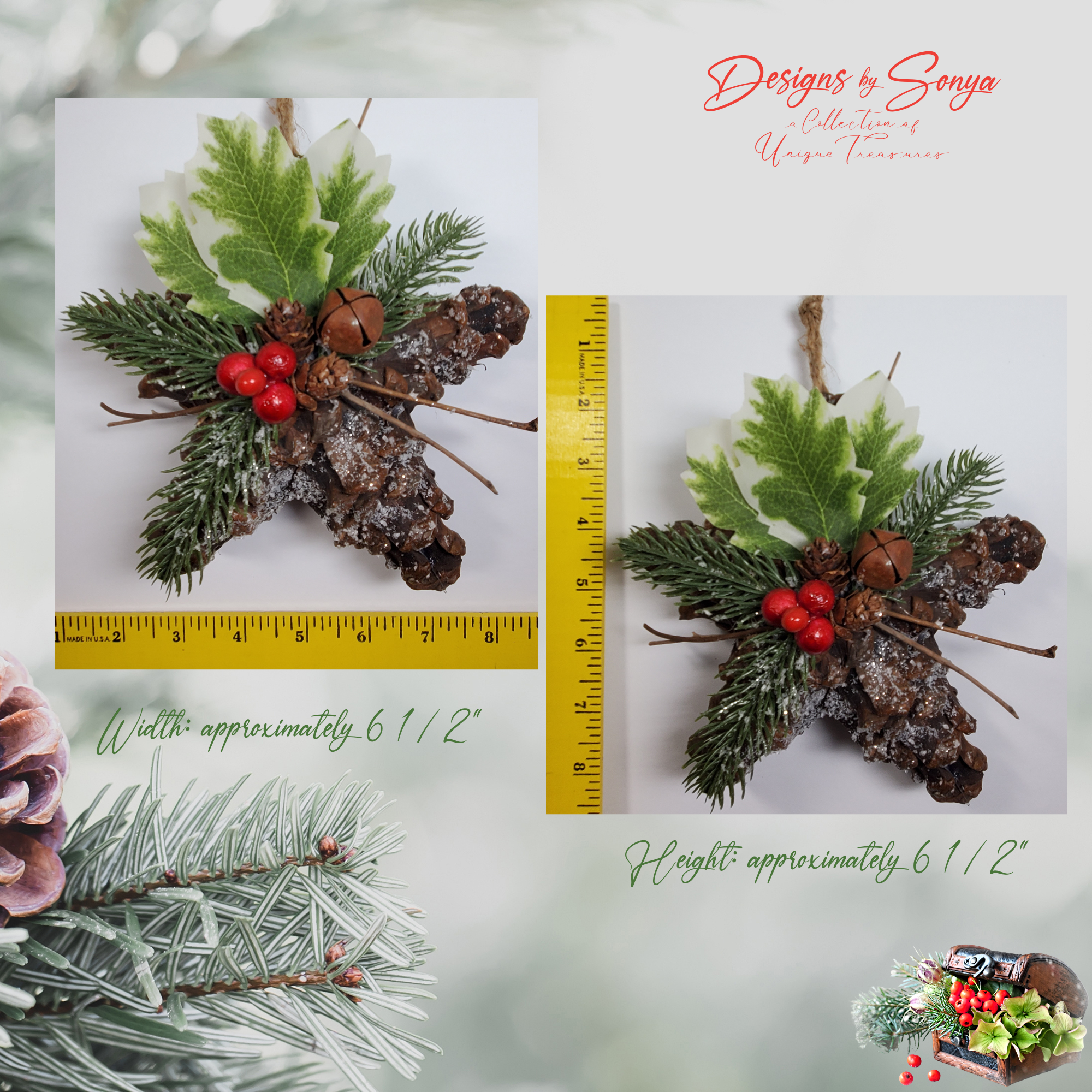 Pinecone Star Ornament with Ruler for Scale
Handcrafted pinecone star Christmas ornament measuring approximately 6 ½ inches tall by 6 ½ inches wide, rustic farmhouse holiday décor.