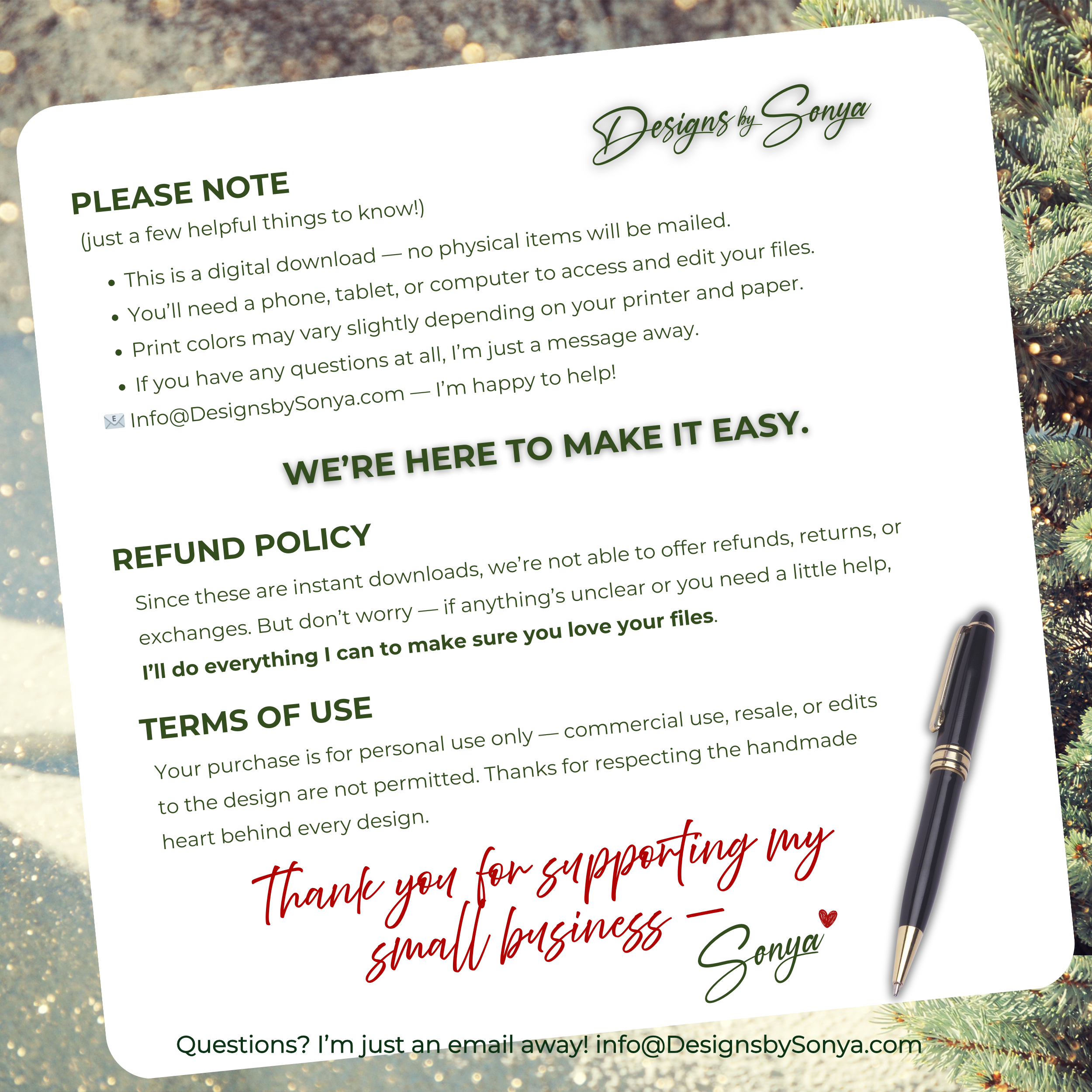 Refund Policy and Terms
Details of instant download policies, terms of use, and customer support for printable Christmas treat bag topper digital files.
