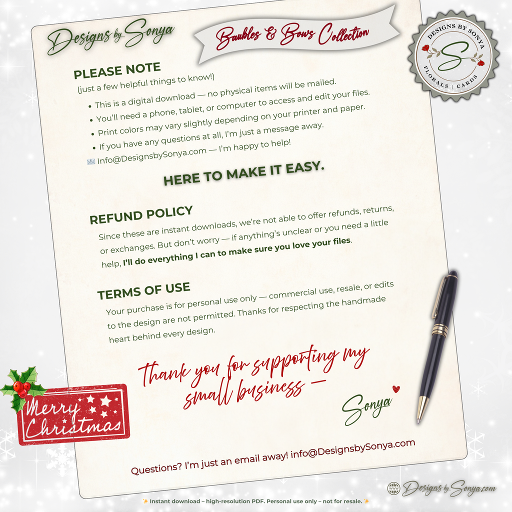 Printable Christmas Card – Watercolor Ornament with Red Bow, Holiday Greeting Card for Friends, Neighbors, Teachers, Coworkers, Family, Ministries