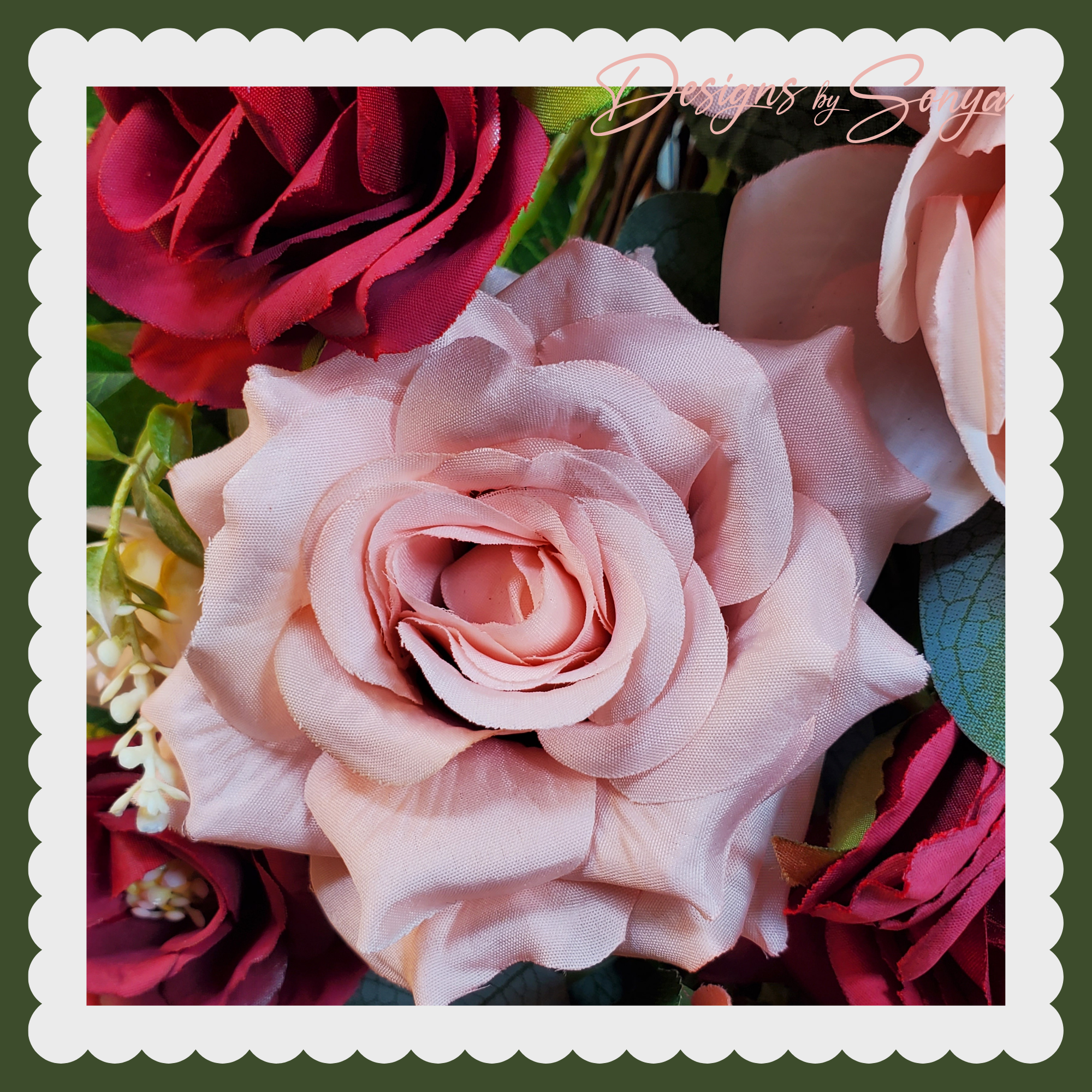 Grapevine Front Door Wreath - Country Rustic Porch, Memorial Service Handcrafted with Roses, Camellias, Dahlias, Greenery