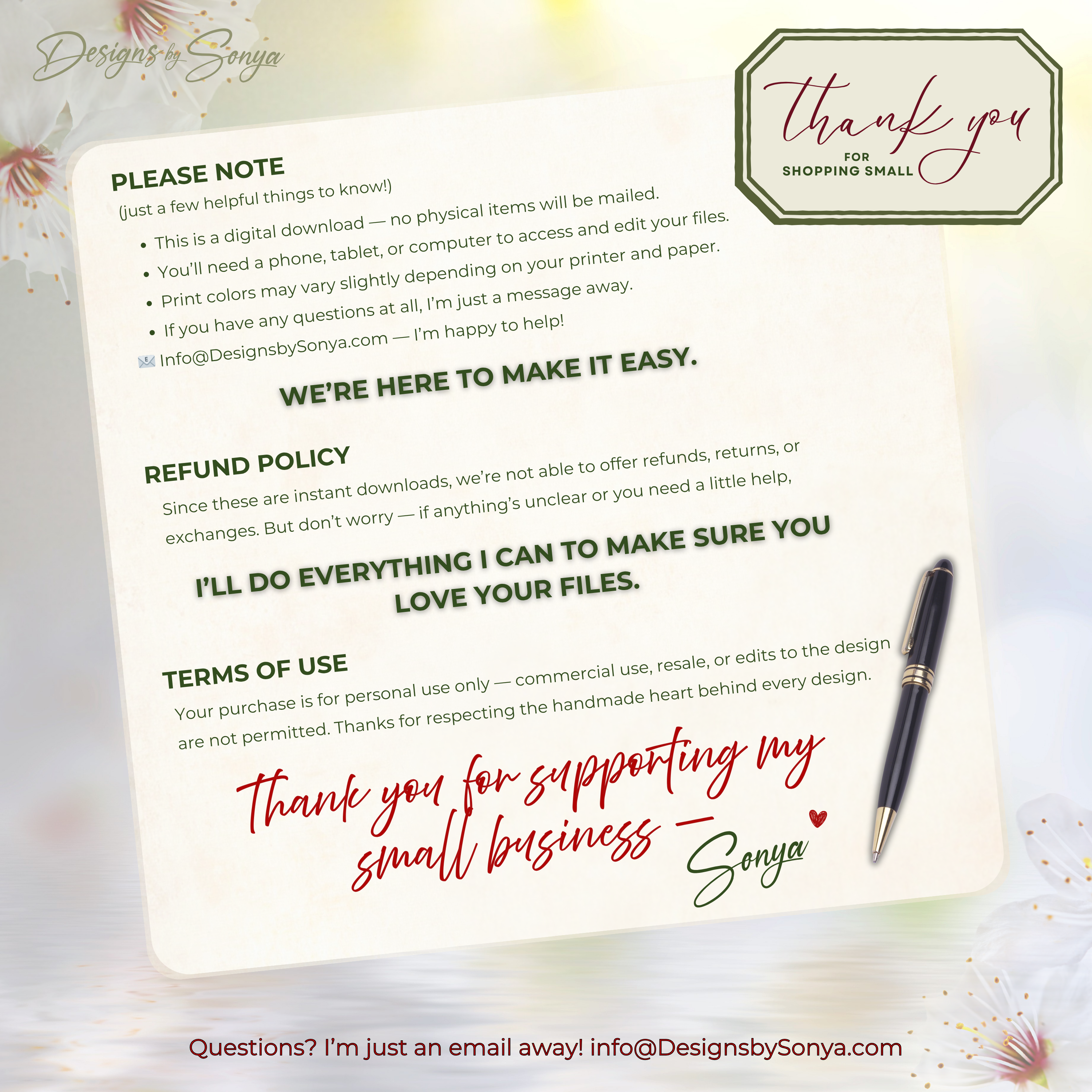 Policies and Support
Overview of digital format, refund policy, and terms of use, plus reassurance of fast, helpful customer support.