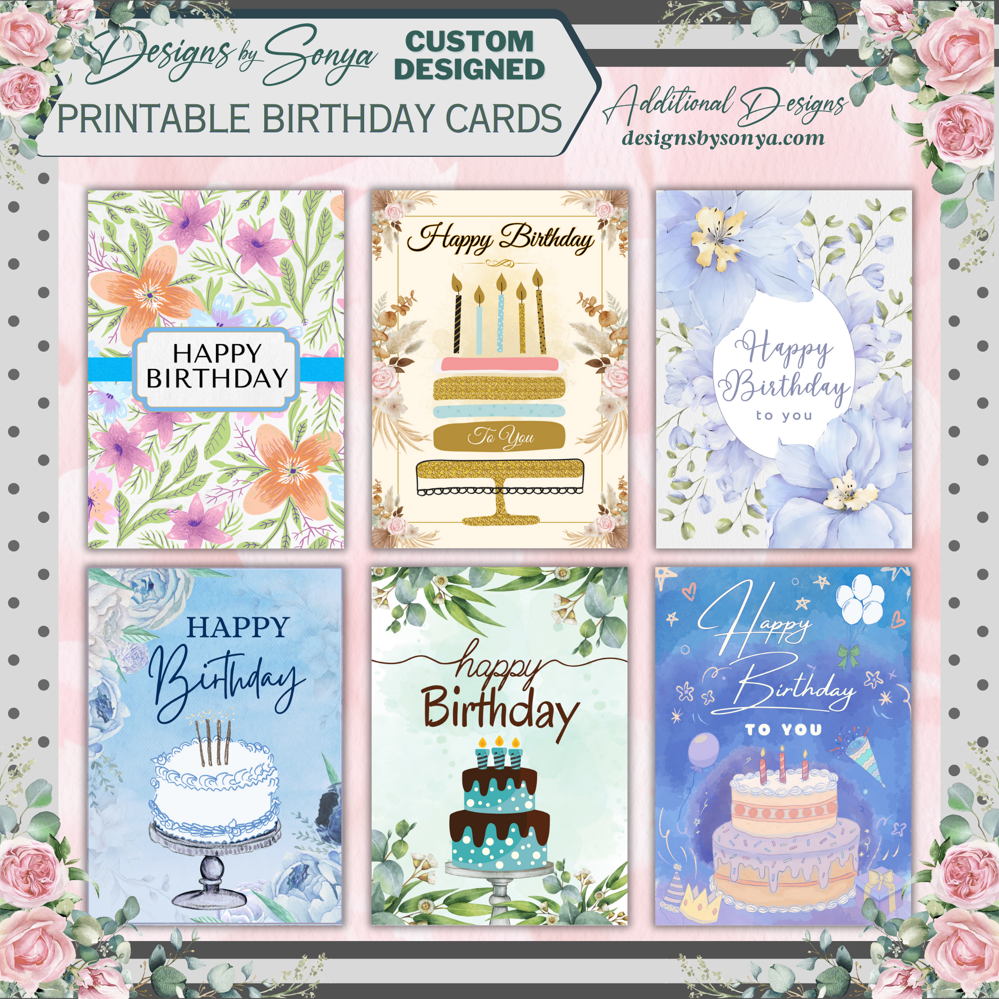 Elegant Gold & Floral Birthday Card 5x7 | Printable Birthday Card | Fits A7 Envelope | Custom Insert Message | Digital Download | Print at Home