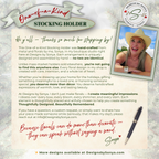 About Designs by Sonya Stocking Holder
Informational card introducing Designs by Sonya’s handmade cardinal stocking holder. Highlights the unique blend of holiday décor and remembrance symbolism.