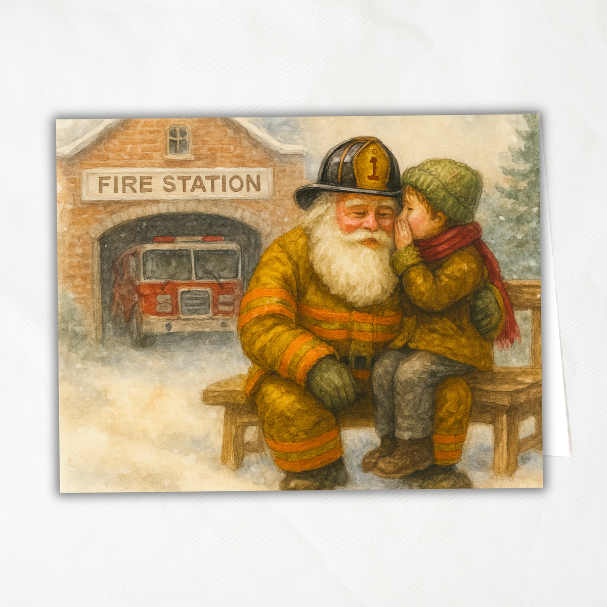 Fireman Santa Printable Christmas Card • A2 (5.5”x4.25”) • Child Whispering at Fire Station, Watercolor First Responder Holiday Art