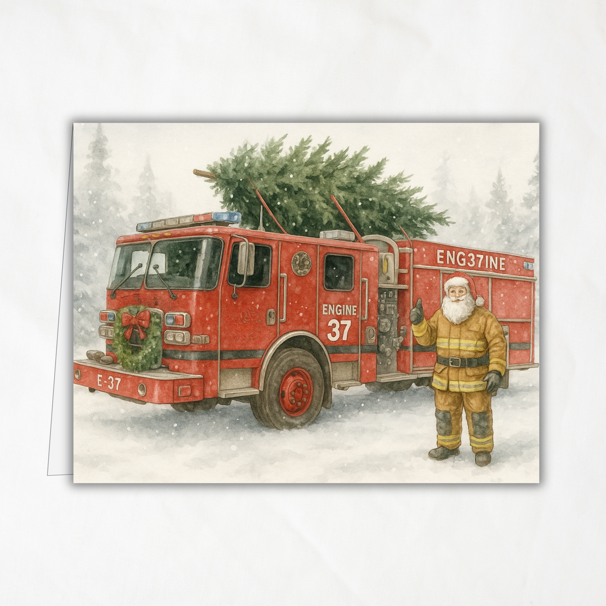 Engine 37 Firetruck Christmas Card Printable • Watercolor Firefighter Santa • Holiday Tree Delivery • Honor the Heroes Collection| A2 (5.5"x4.25") Greeting Card