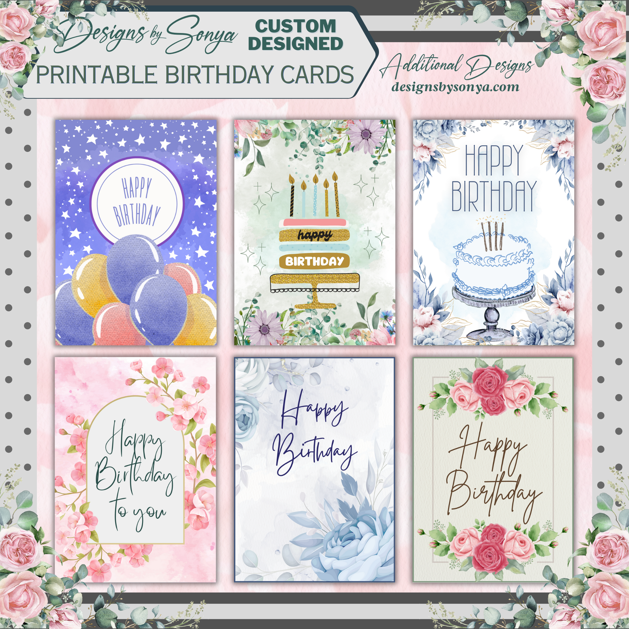 Elegant Gold & Floral Birthday Card 5x7 | Printable Birthday Card | Fits A7 Envelope | Custom Insert Message | Digital Download | Print at Home