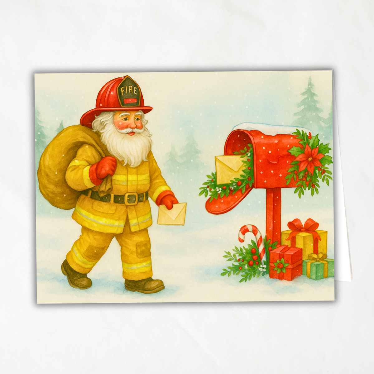 Printable Firefighter Santa Christmas Card, A2 (5.5”x4.25”), Fireman Holiday Greeting, First Responder Gift, Watercolor Art, Mailbox Scene