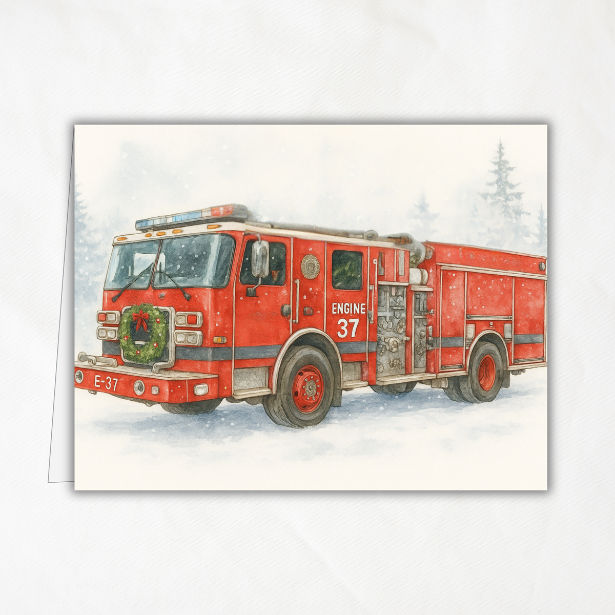 Printable Firetruck Christmas Card • Engine 37 Watercolor Holiday Card • Honor the Heroes • A2 (5.5"x4.25") Folded Greeting Card