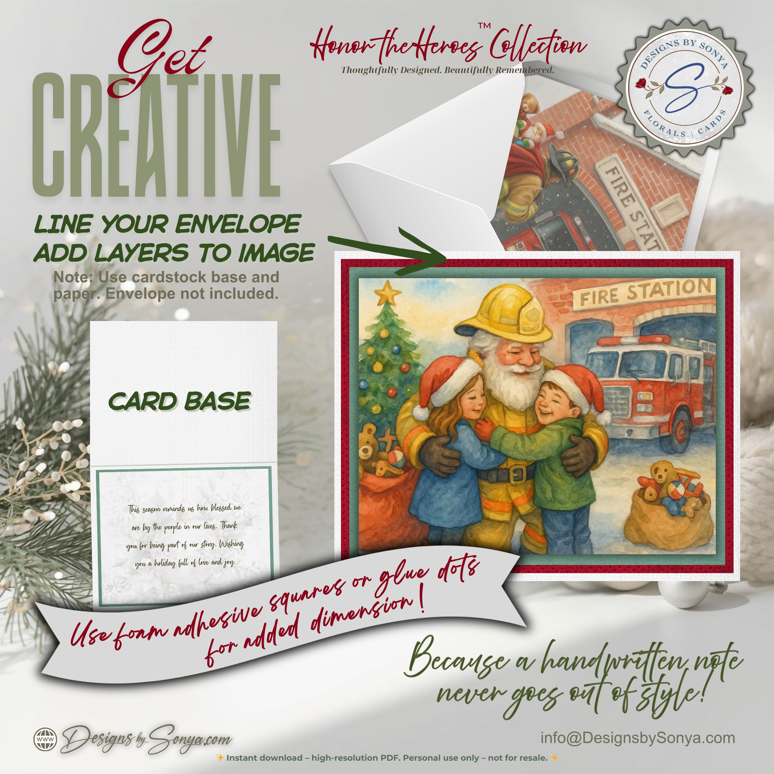 Printable Firefighter Santa Christmas Card Set of 12, A2 Cards (5.5”x4.25”), First Responder Holiday Greetings, Fire Station Watercolor Art
