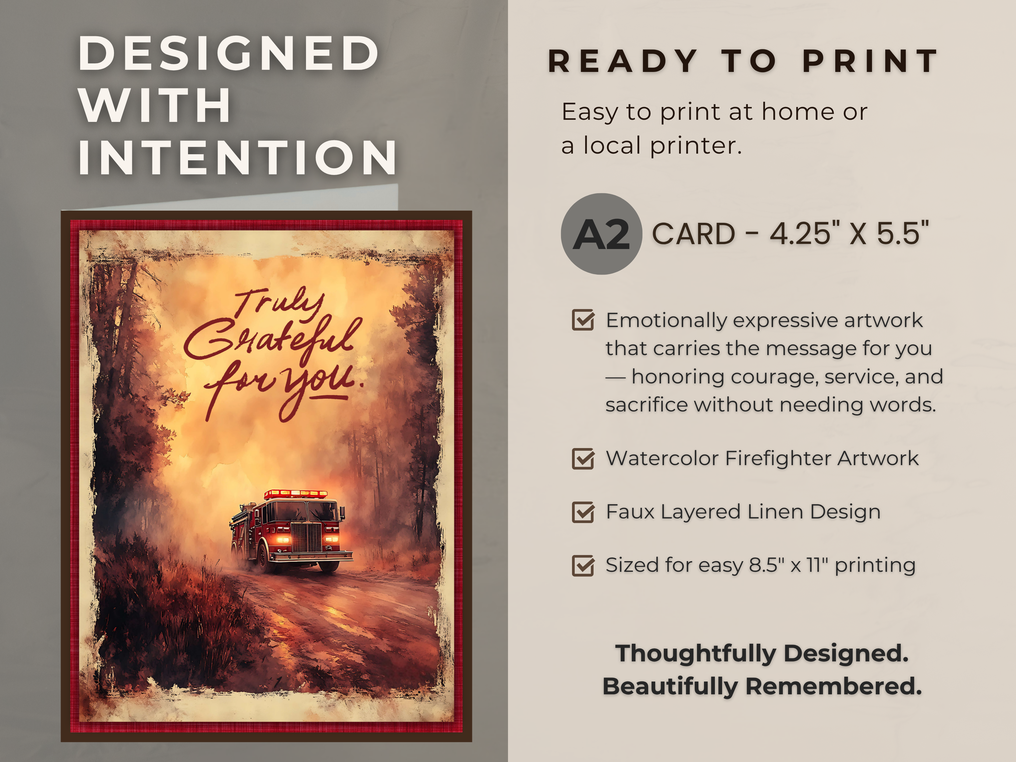 Texas Wildfire "Truly Grateful for You" Printable Thank You Card for Firefighters and First Responders