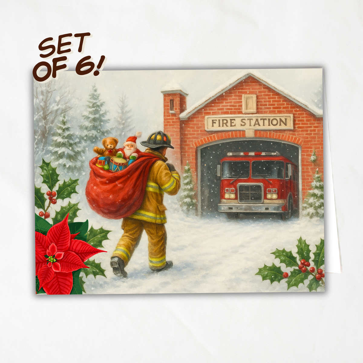 Printable Firefighter Santa Christmas Card Set of 12, A2 Cards (5.5”x4.25”), First Responder Holiday Greetings, Fire Station Watercolor Art