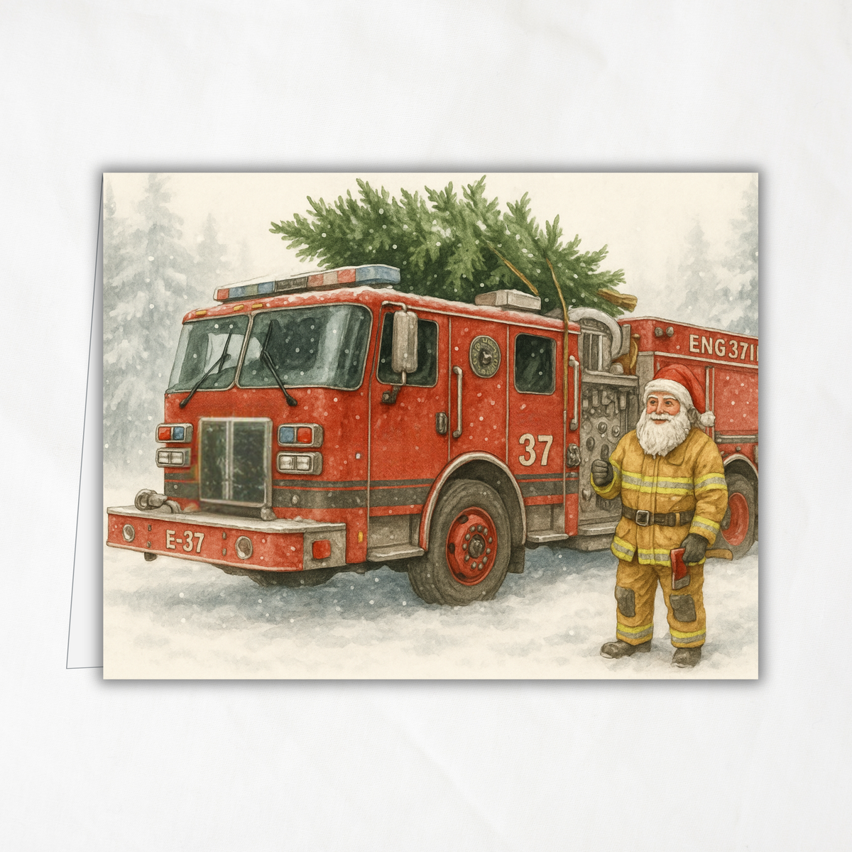 Printable Firetruck Christmas Card • Engine 37 Watercolor Holiday Card • Firefighter A2 (5.5"x4.25") Folded Greeting Card