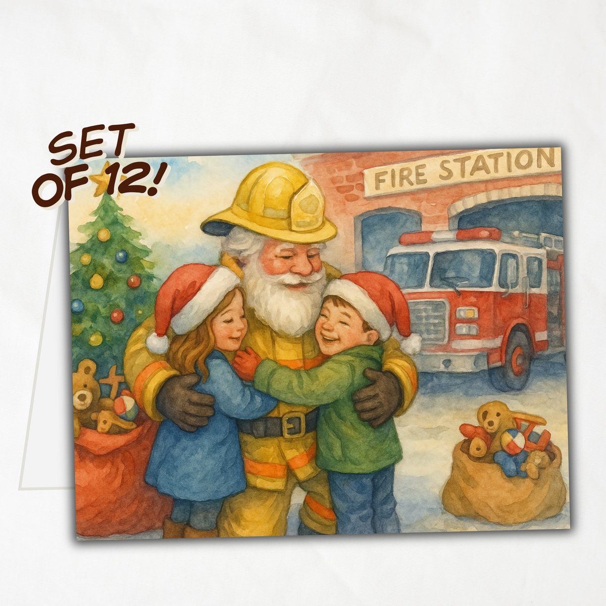 Printable Firefighter Christmas Card Set of 12 | Fireman Santa & Firetruck Holiday Greeting Cards | First Responder A2 Christmas Card Bundle