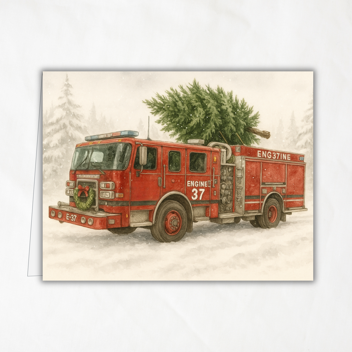 Printable Firetruck Christmas Card with Engine 37 Tree Delivery, Honor the Heroes Holiday Collection • Firefighter A2 (5.5"x4.25") Folded Greeting Card
